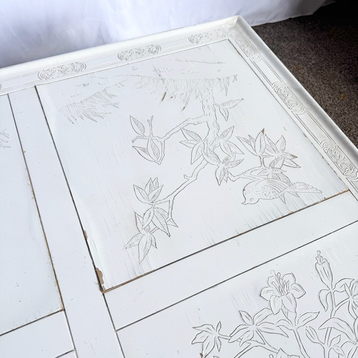 Vintage Ming Style White Carved Coffee Table - Dolphin & Flamingo