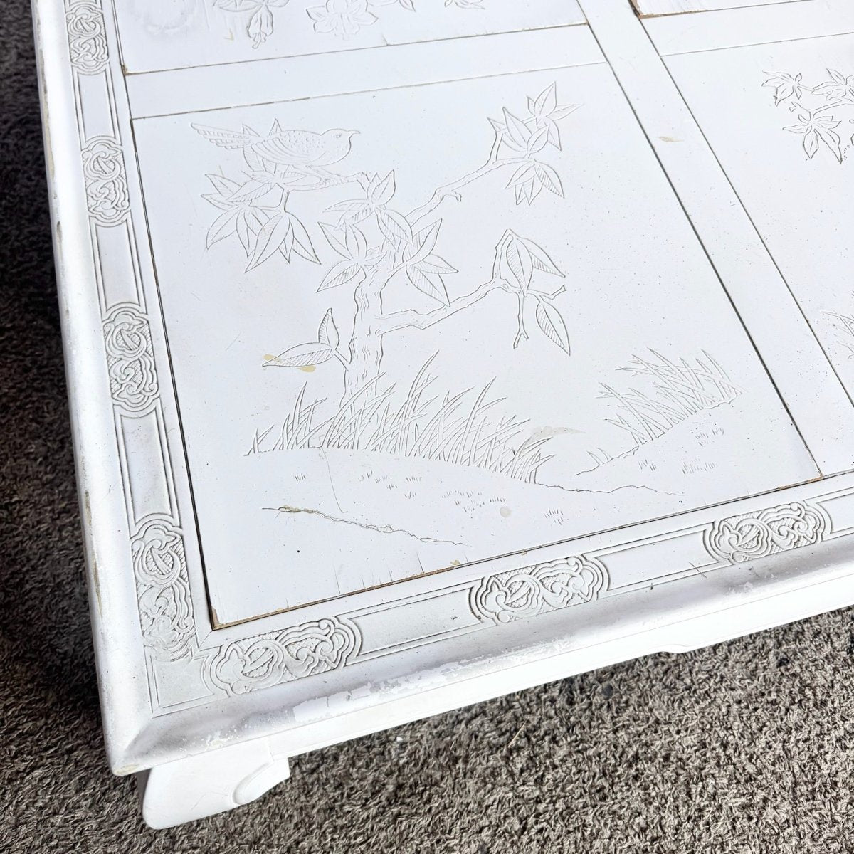 Vintage Ming Style White Carved Coffee Table - Dolphin & Flamingo