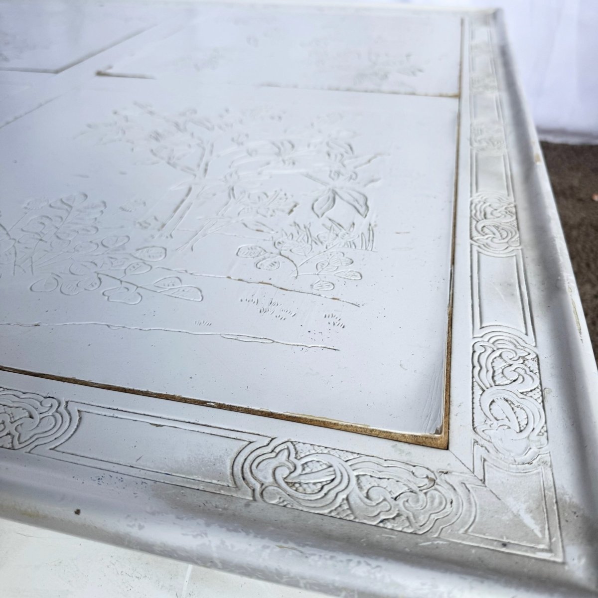 Vintage Ming Style White Carved Coffee Table - Dolphin & Flamingo