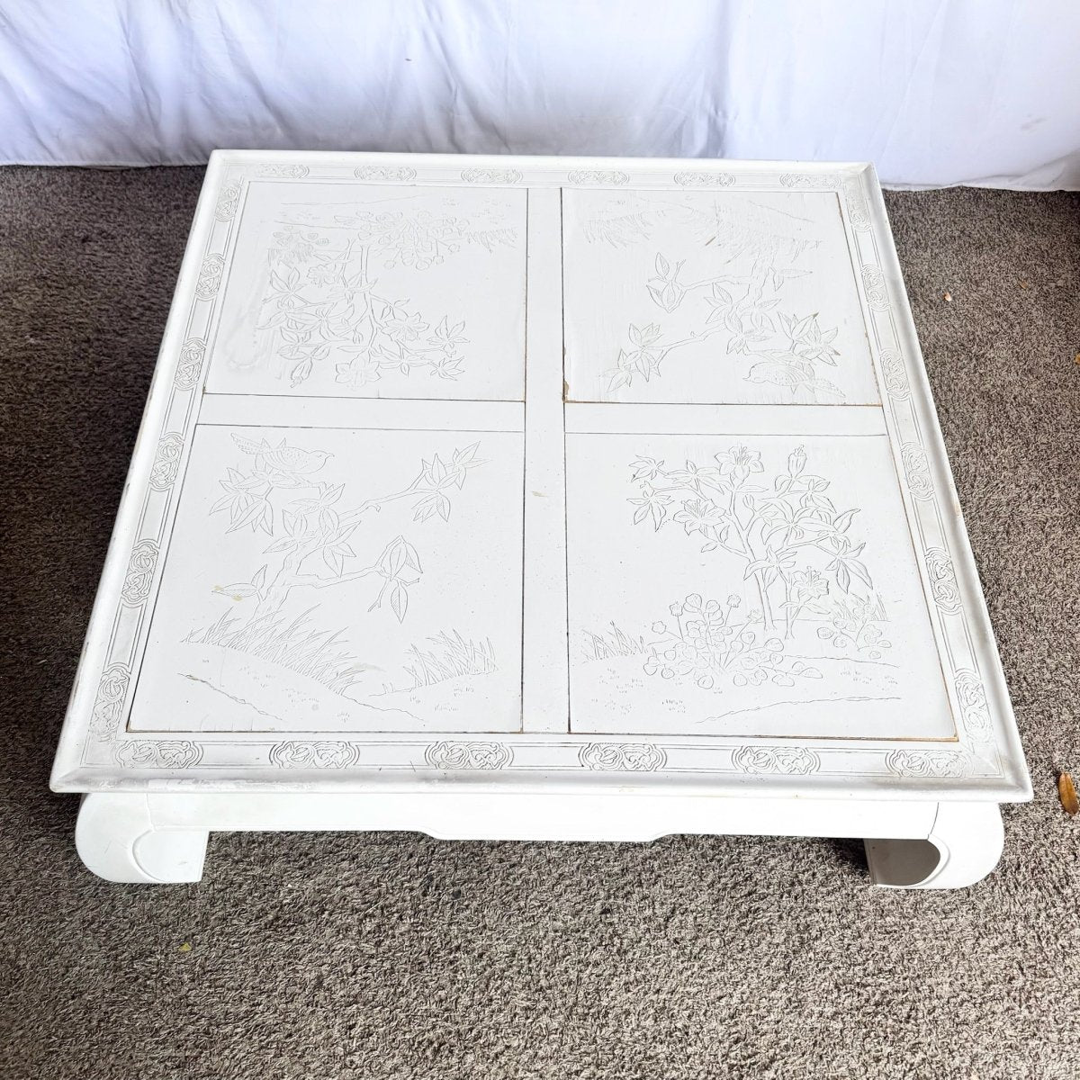 Vintage Ming Style White Carved Coffee Table - Dolphin & Flamingo