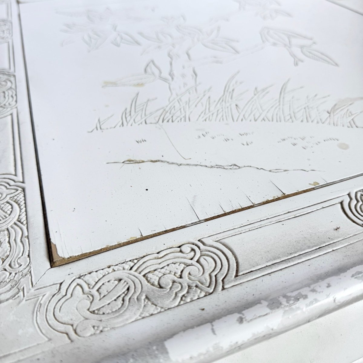 Vintage Ming Style White Carved Coffee Table - Dolphin & Flamingo