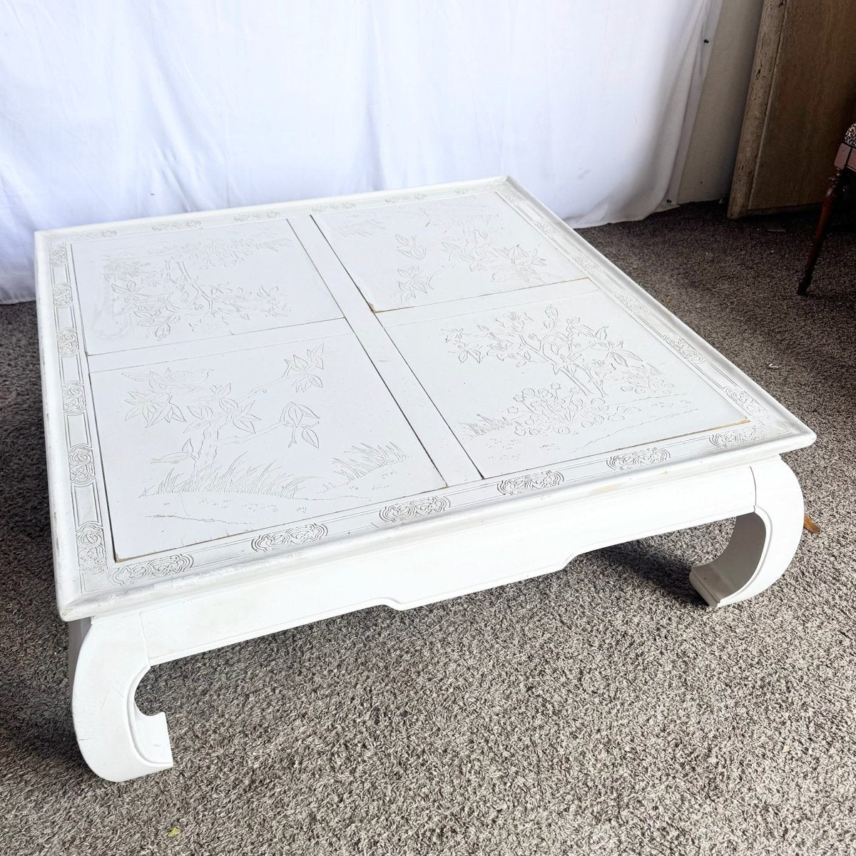 Vintage Ming Style White Carved Coffee Table - Dolphin & Flamingo