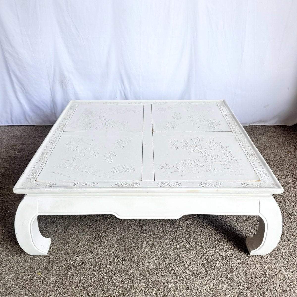 Vintage Ming Style White Carved Coffee Table - Dolphin & Flamingo