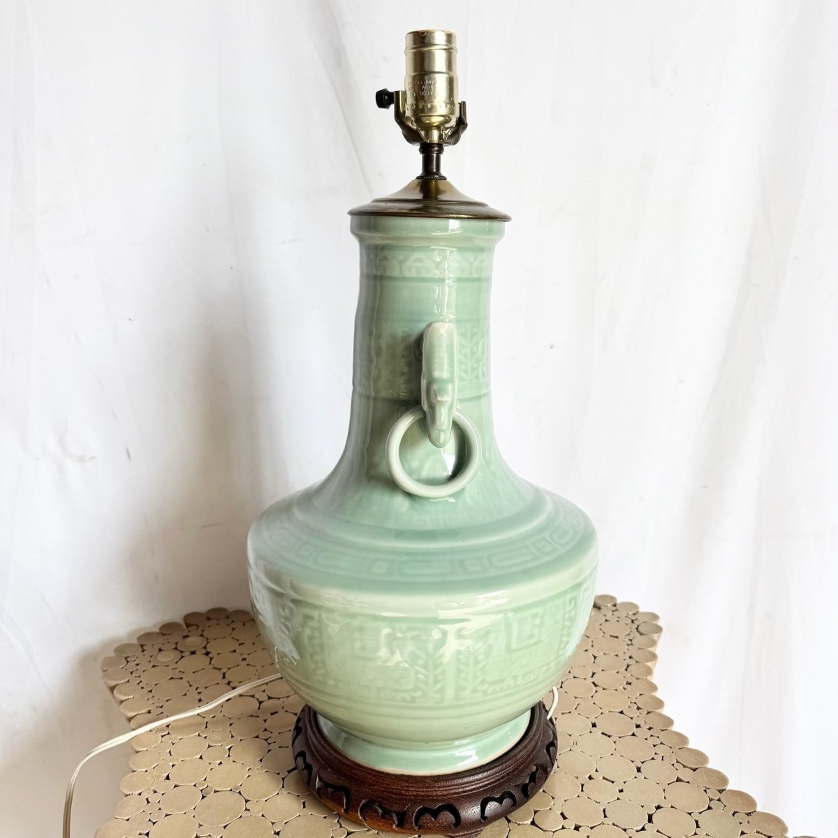 Vintage Mint Green Chinese Celedon Table Lamp - Dolphin & Flamingo