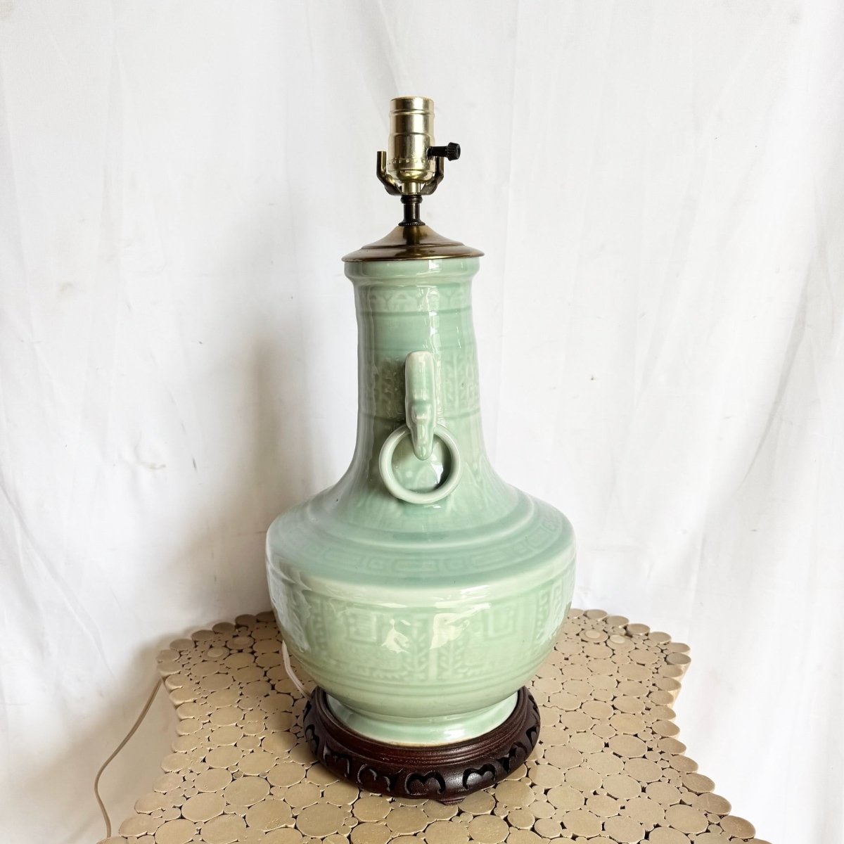 Vintage Mint Green Chinese Celedon Table Lamp - Dolphin & Flamingo