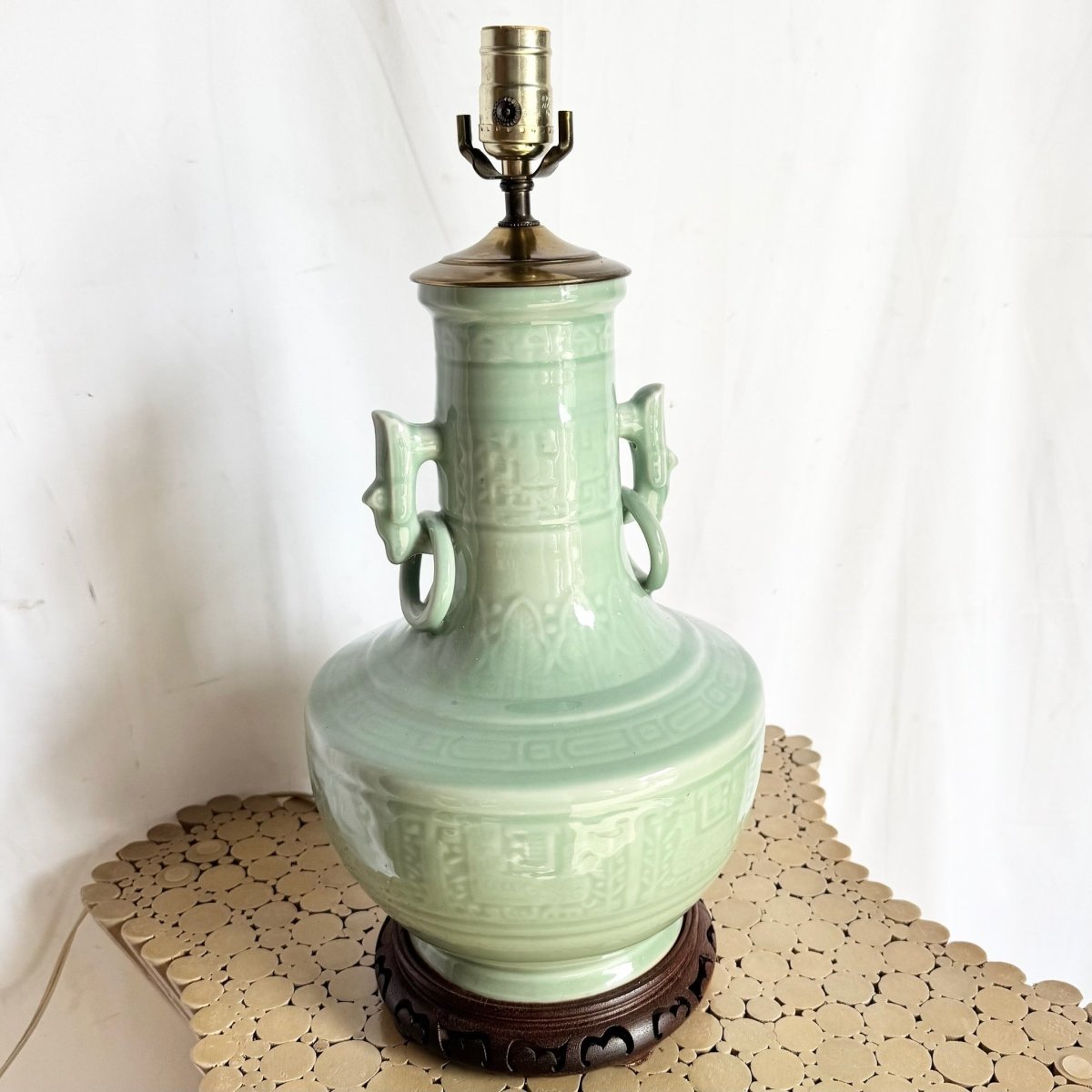 Vintage Mint Green Chinese Celedon Table Lamp - Dolphin & Flamingo