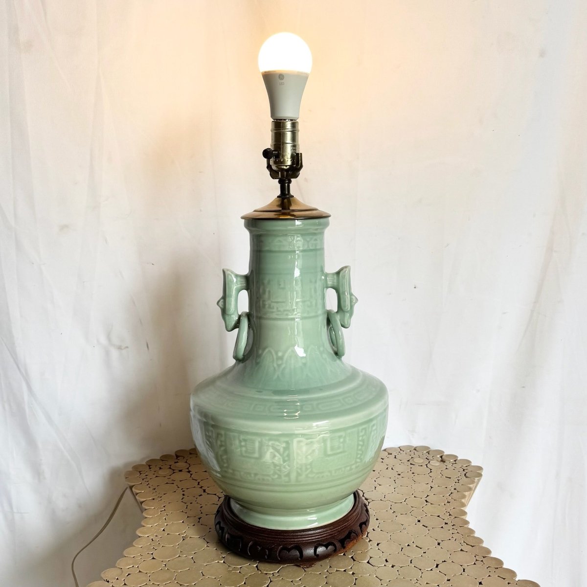 Vintage Mint Green Chinese Celedon Table Lamp - Dolphin & Flamingo