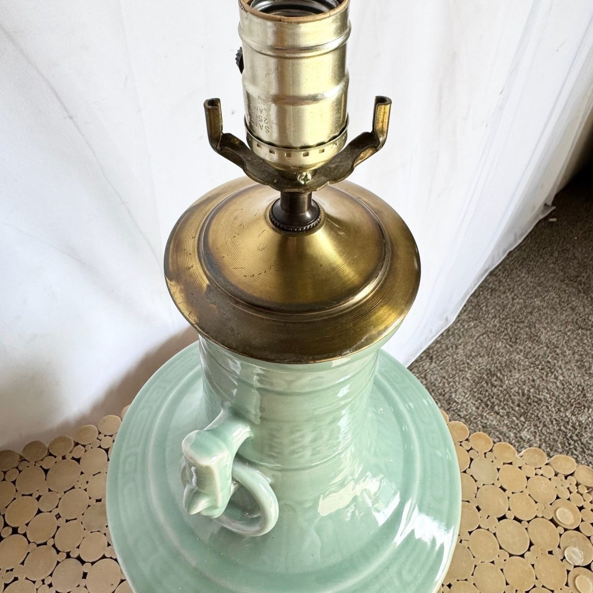 Vintage Mint Green Chinese Celedon Table Lamp - Dolphin & Flamingo