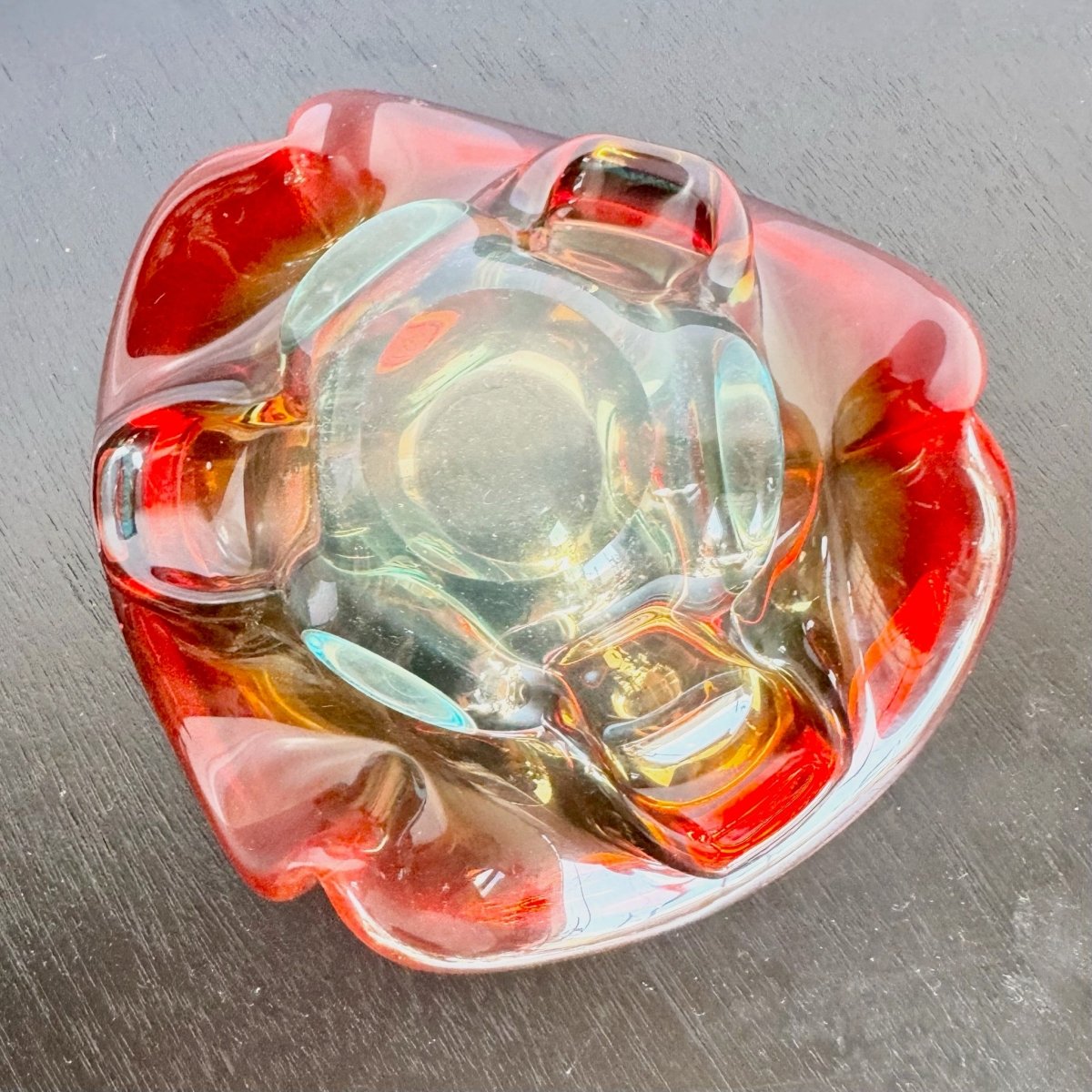 Vintage Mormon Style Red Blue Dish/Ashtray - Dolphin & Flamingo