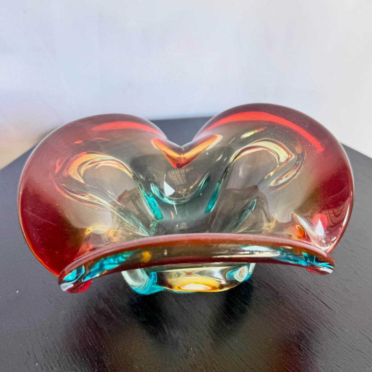 Vintage Mormon Style Red Blue Dish/Ashtray - Dolphin & Flamingo