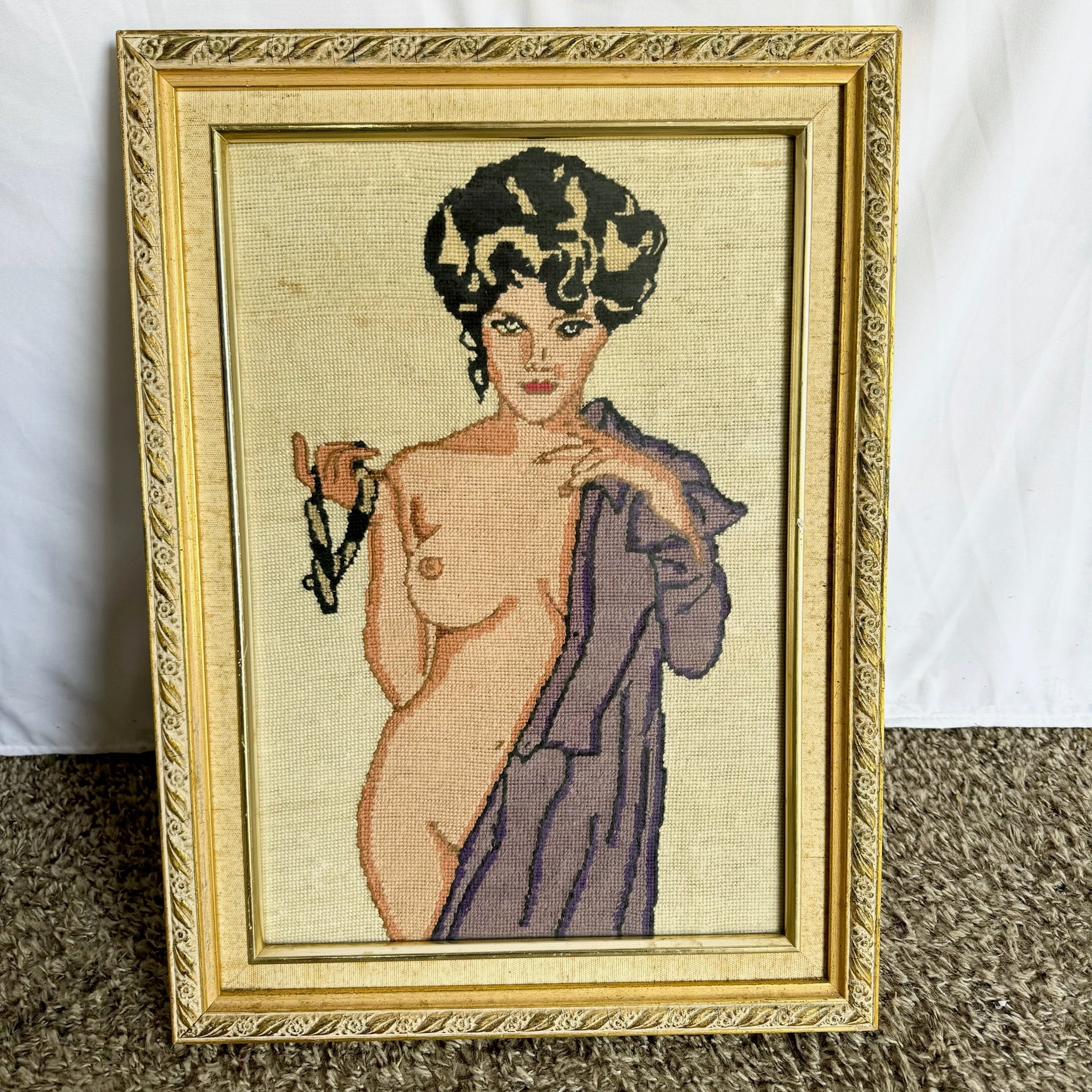 Vintage Needle Point of Nude Lady in Purple Robe - Dolphin & Flamingo