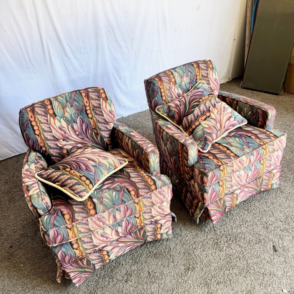 Vintage Needlepoint Swivel Rocking Lounge Chairs - A Pair - Dolphin & Flamingo