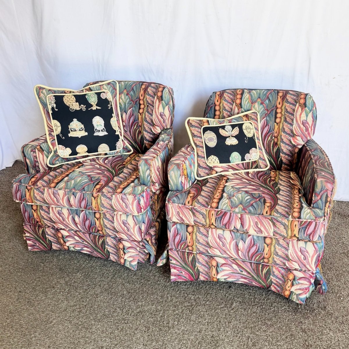 Vintage Needlepoint Swivel Rocking Lounge Chairs - A Pair - Dolphin & Flamingo