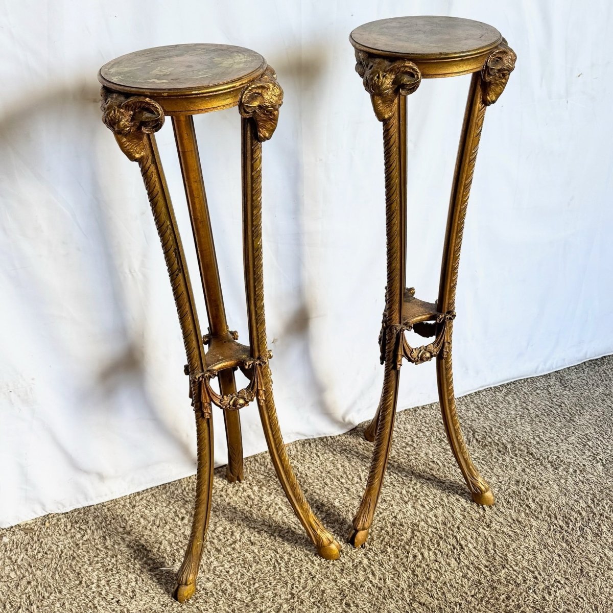 Vintage Neoclassical - Style Carved Ram Head Giltwood Pedestals/Gueridon Stands - A Pair - Dolphin & Flamingo