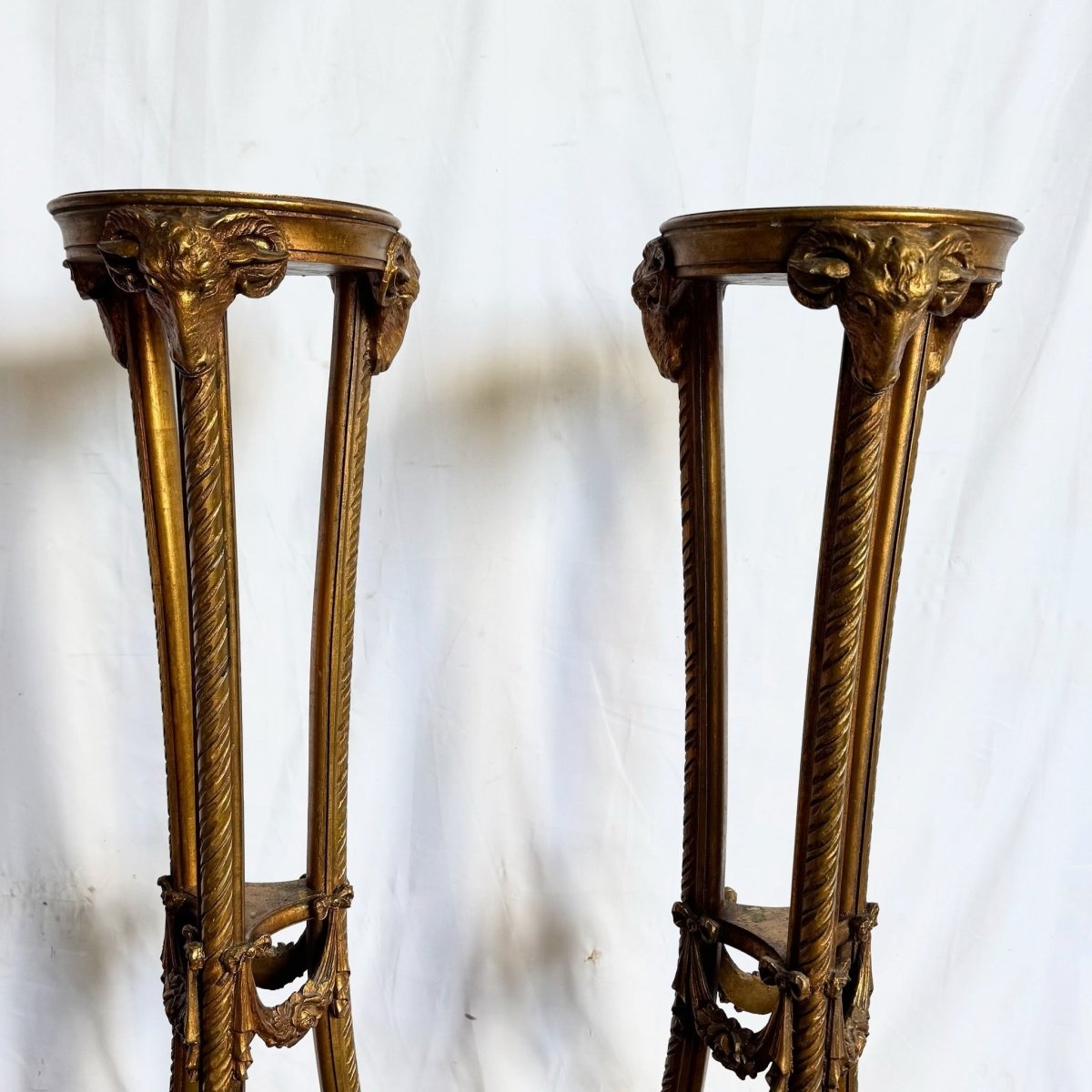 Vintage Neoclassical - Style Carved Ram Head Giltwood Pedestals/Gueridon Stands - A Pair - Dolphin & Flamingo