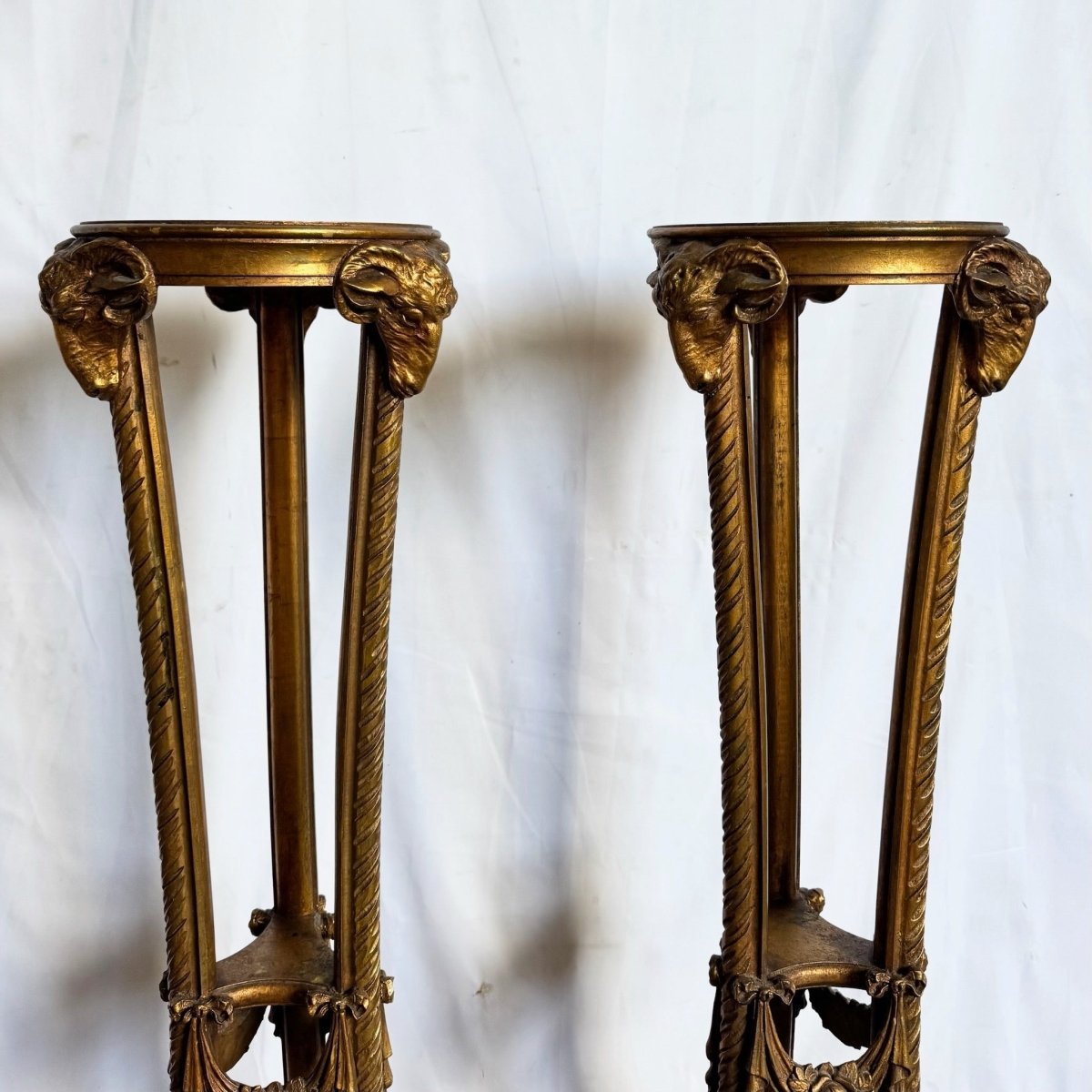 Vintage Neoclassical - Style Carved Ram Head Giltwood Pedestals/Gueridon Stands - A Pair - Dolphin & Flamingo