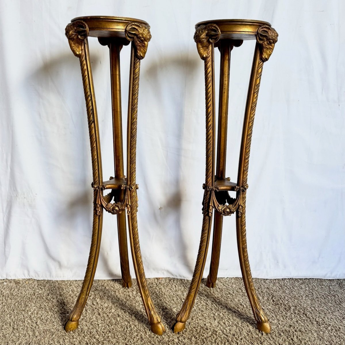 Vintage Neoclassical - Style Carved Ram Head Giltwood Pedestals/Gueridon Stands - A Pair - Dolphin & Flamingo