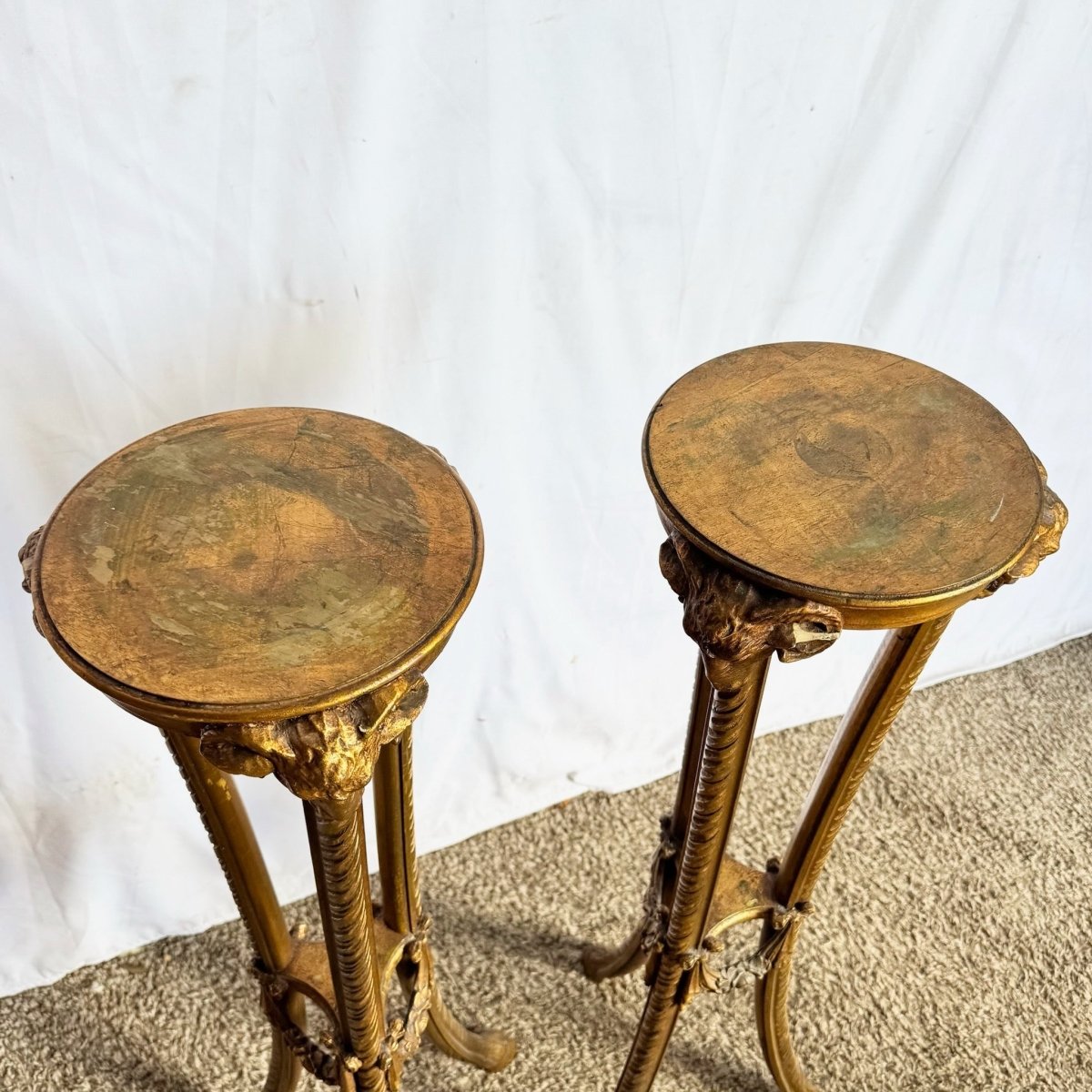 Vintage Neoclassical - Style Carved Ram Head Giltwood Pedestals/Gueridon Stands - A Pair - Dolphin & Flamingo