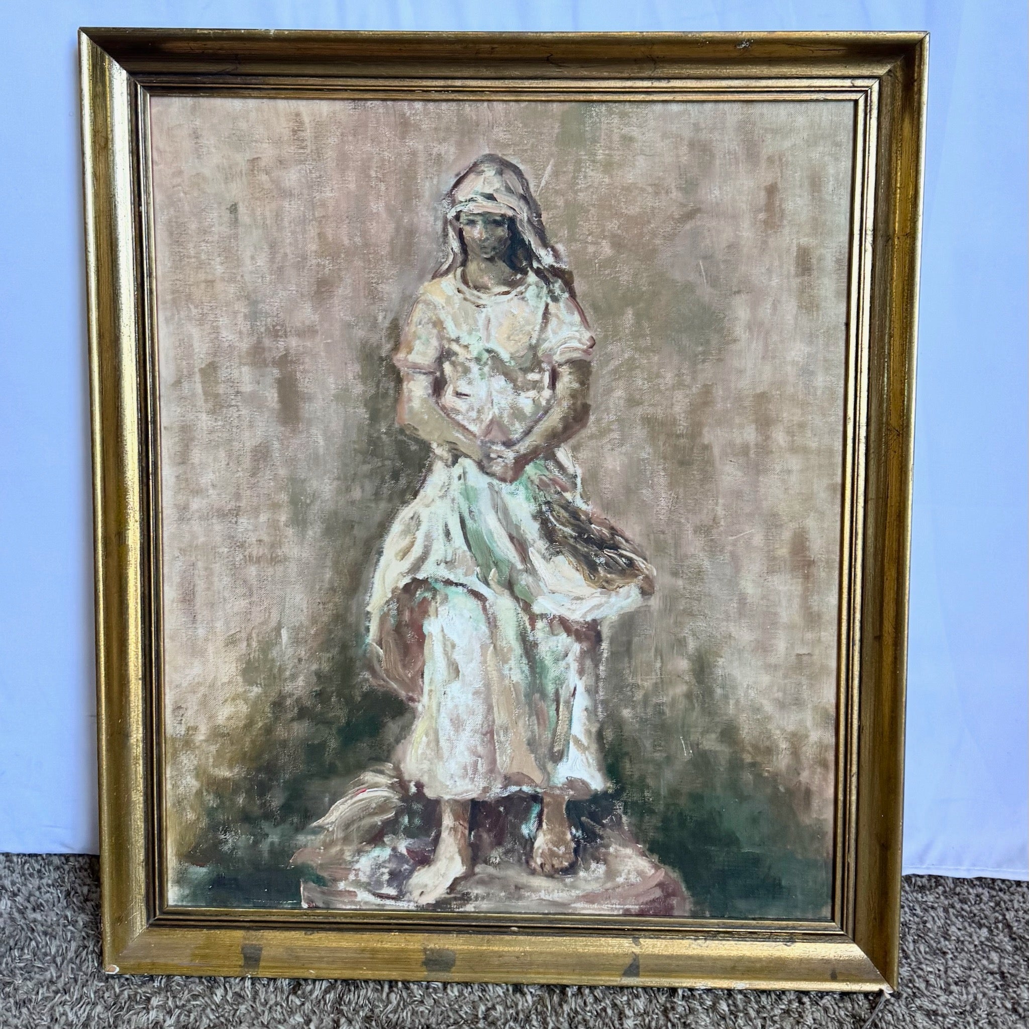 Vintage Painted Framed Oil on Canvas Lady in Dress - Dolphin & Flamingo