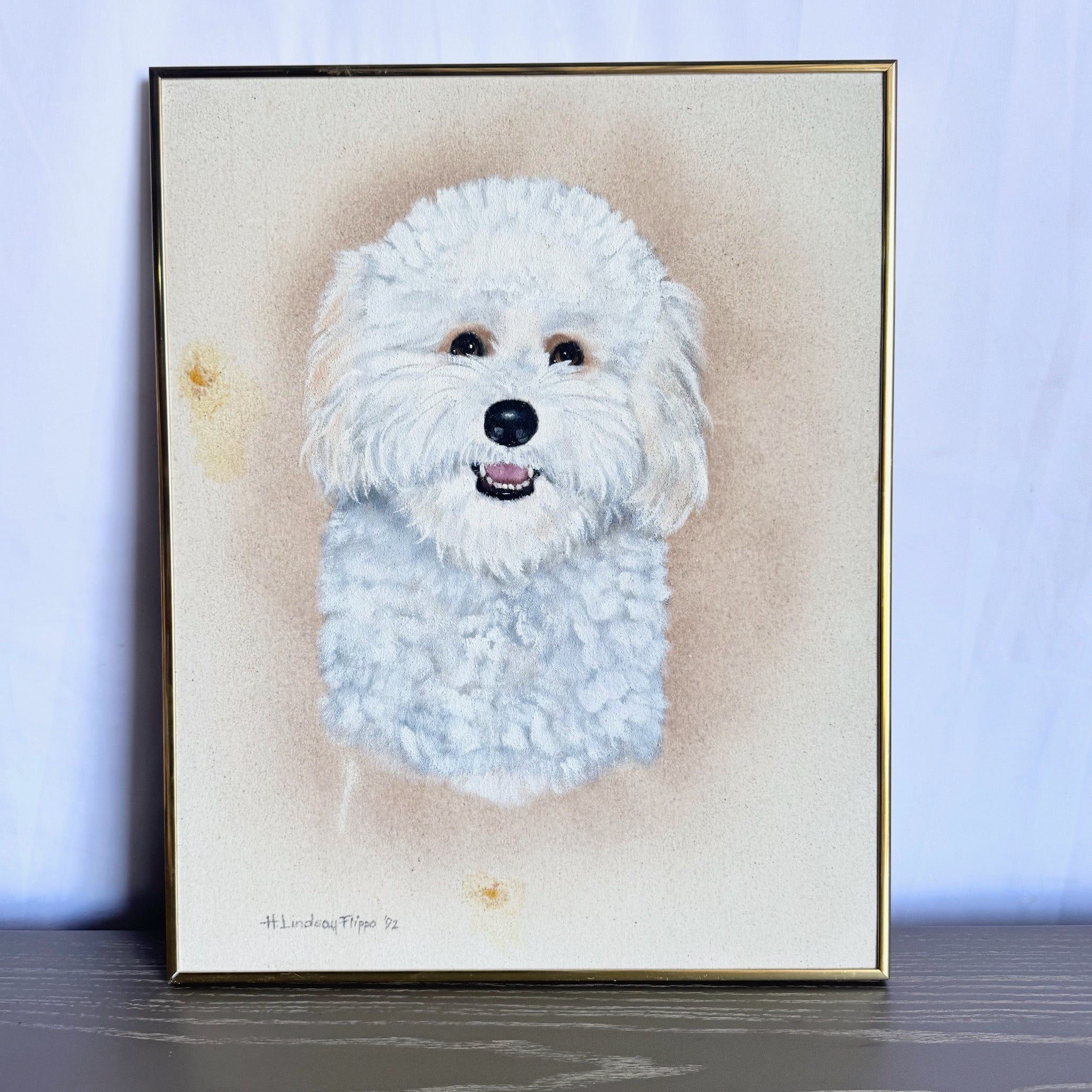 Vintage Painting of Bichon Frise Dog, Signed "Lindsay Flippo 92 - Dolphin & Flamingo