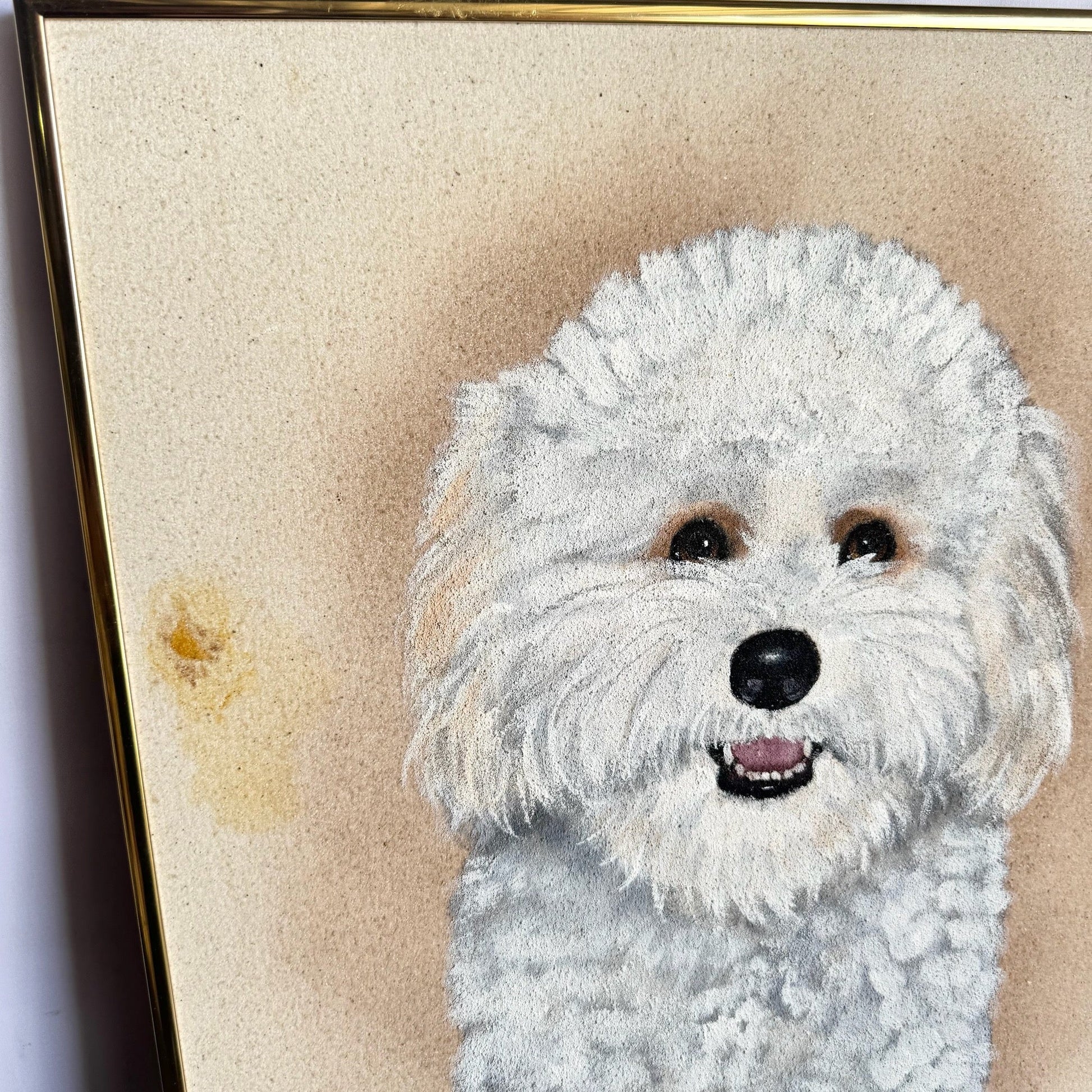 Vintage Painting of Bichon Frise Dog, Signed "Lindsay Flippo 92 - Dolphin & Flamingo