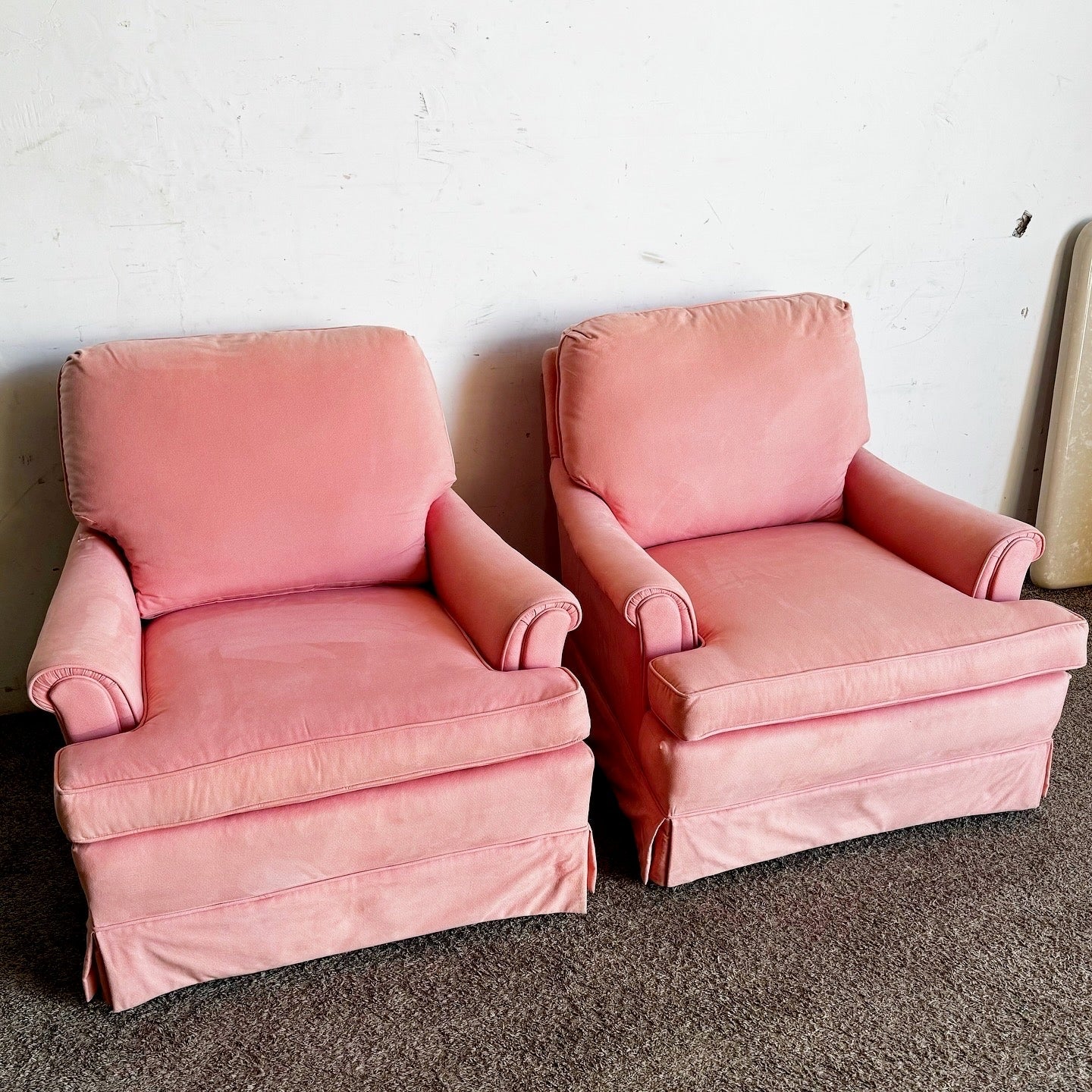 Vintage Pink Fabric Oversized Lounge Chairs - a Pair - Dolphin & Flamingo