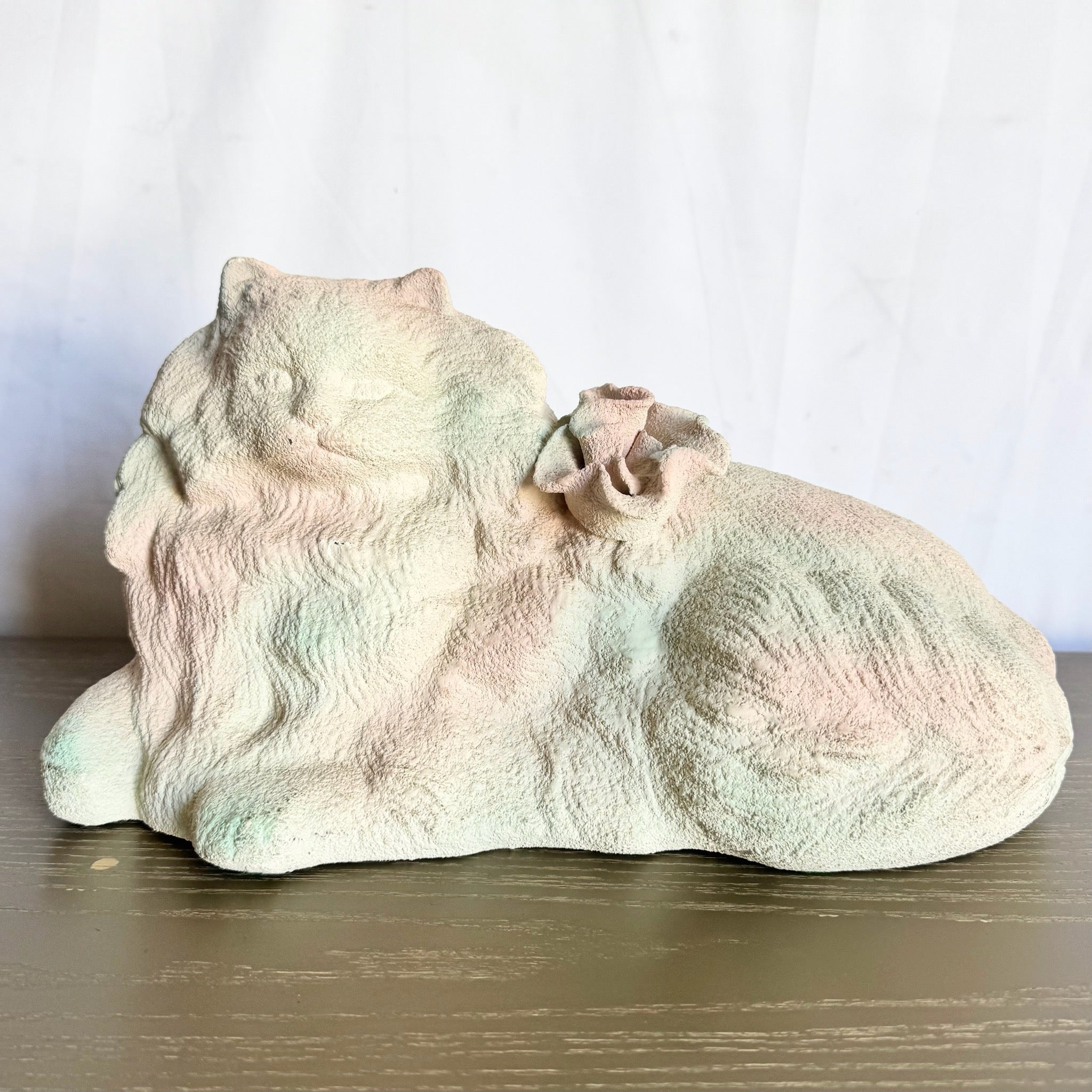 Vintage Pink White and Green Ceramic Cat Sculpture - Dolphin & Flamingo