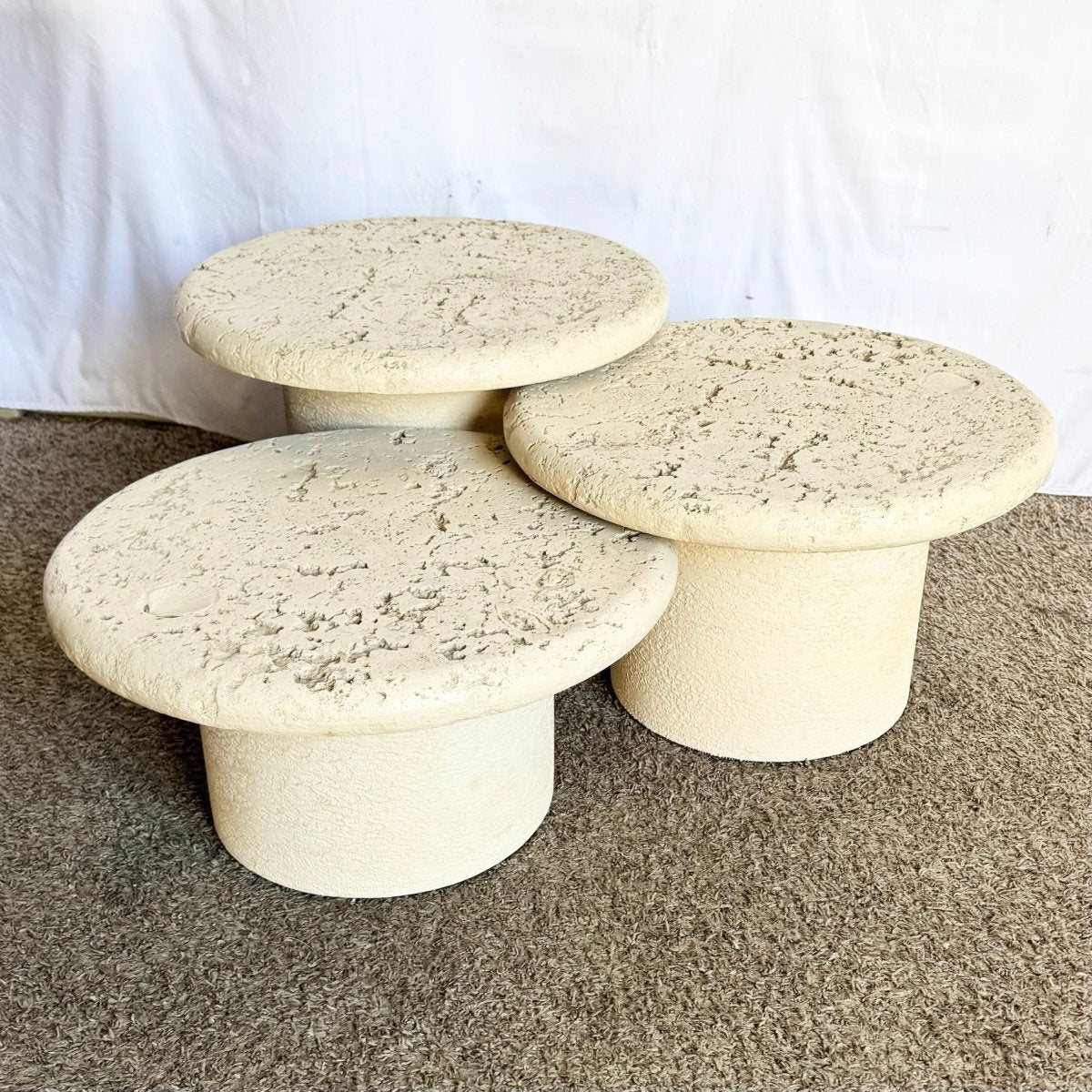 Vintage Postmodern Faux Coquina Nesting Tables - Set of 3 - Dolphin & Flamingo