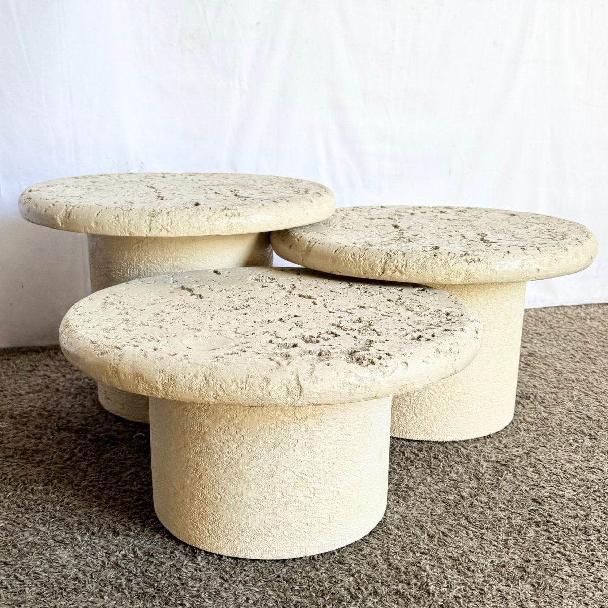 Vintage Postmodern Faux Coquina Nesting Tables - Set of 3 - Dolphin & Flamingo