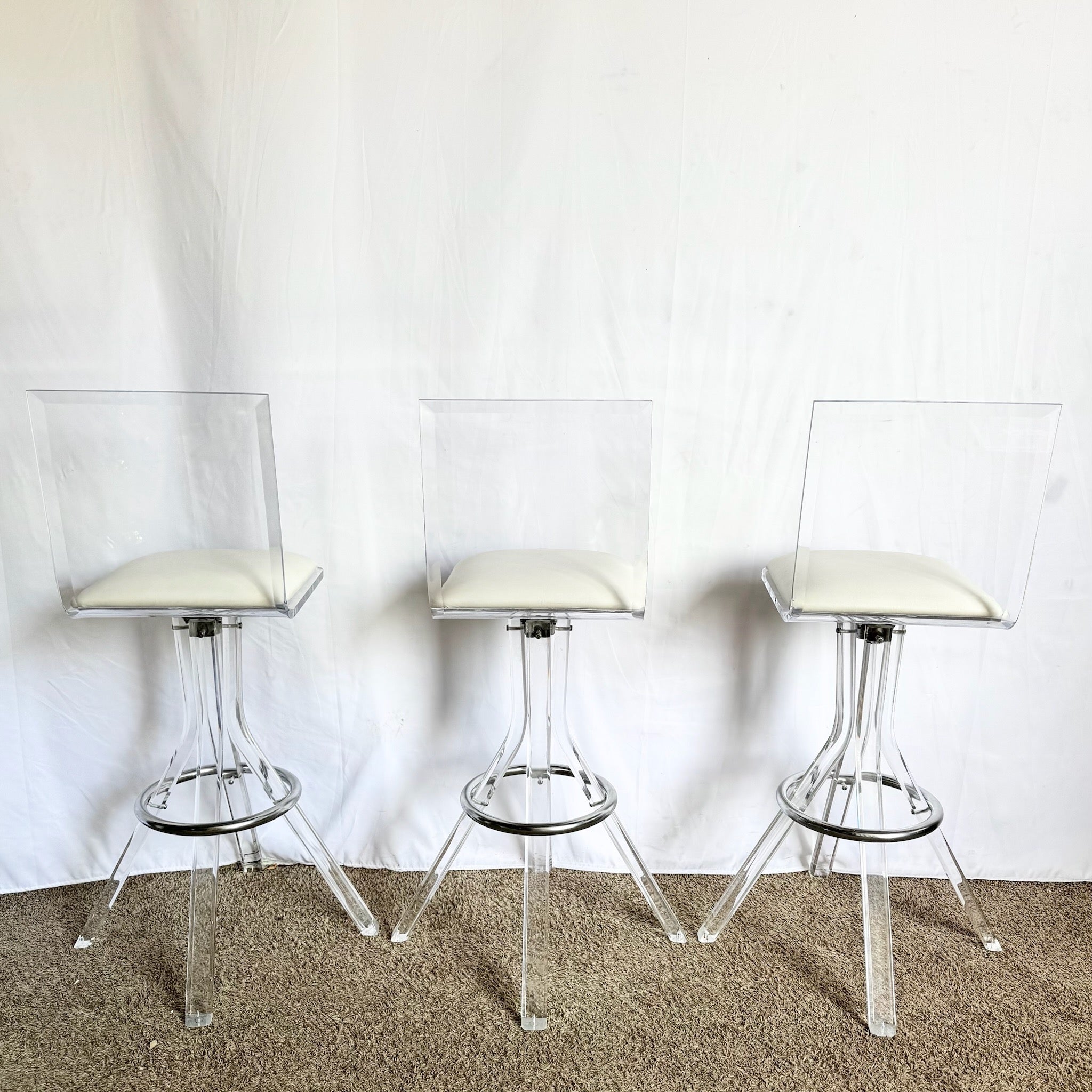 Vintage Postmodern Lucite and Chrome Stools - Set of 3 - Dolphin & Flamingo