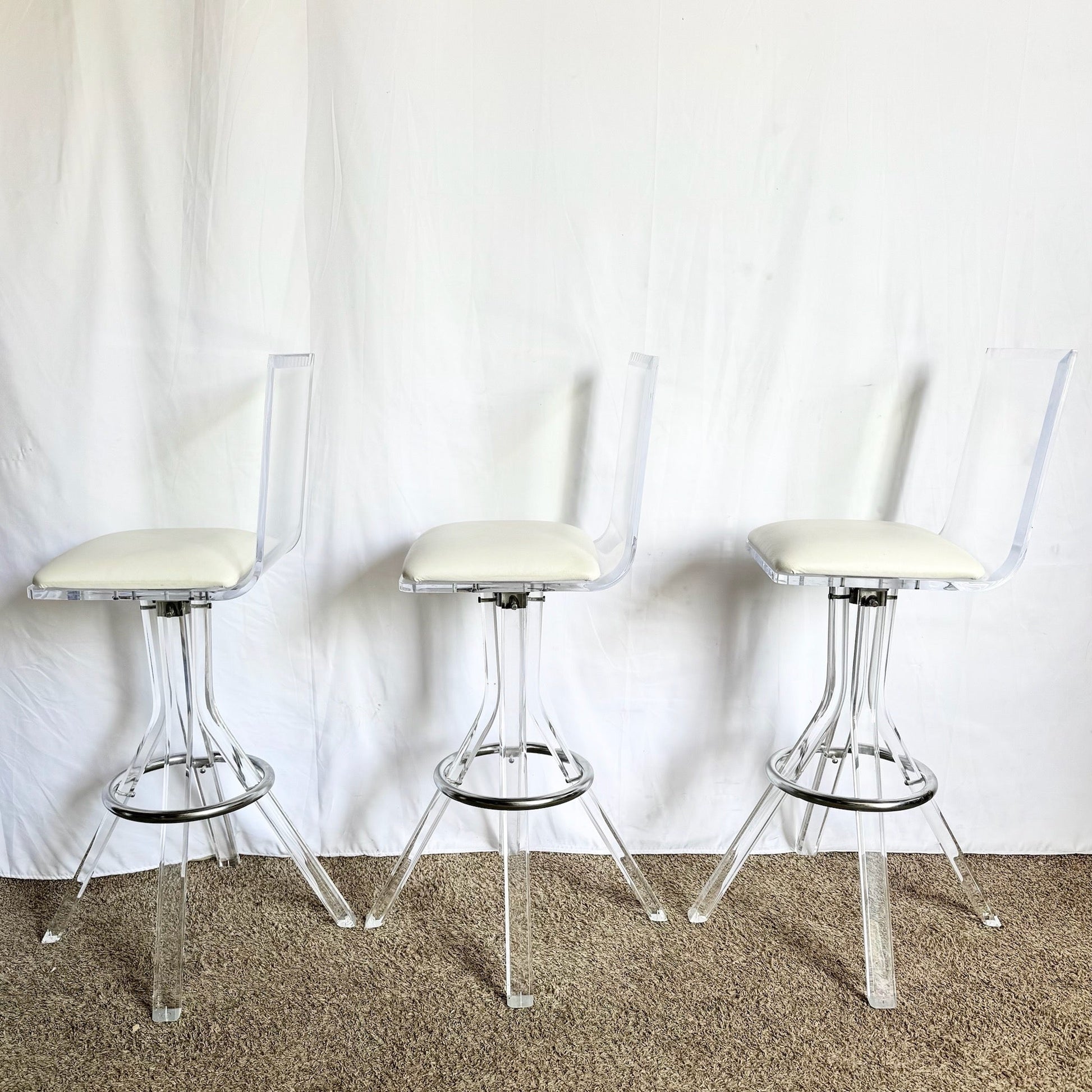 Vintage Postmodern Lucite and Chrome Stools - Set of 3 - Dolphin & Flamingo