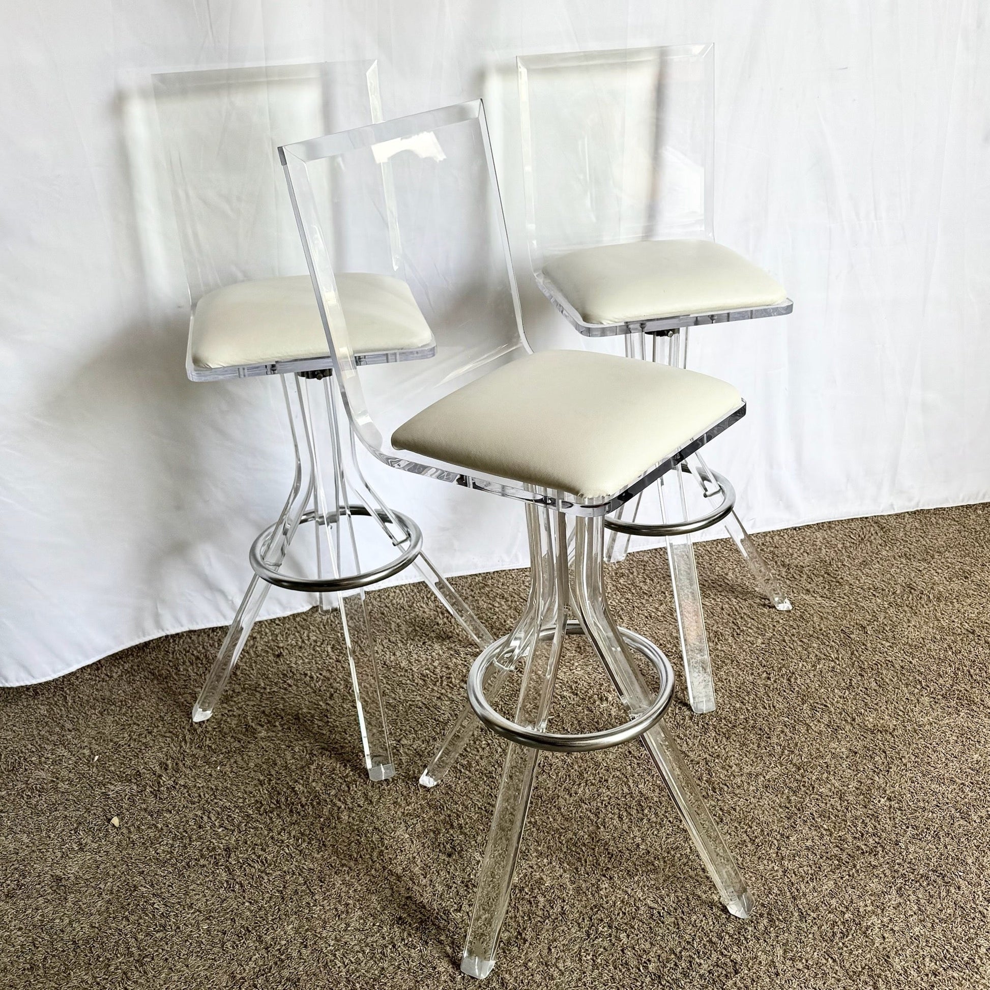 Vintage Postmodern Lucite and Chrome Stools - Set of 3 - Dolphin & Flamingo