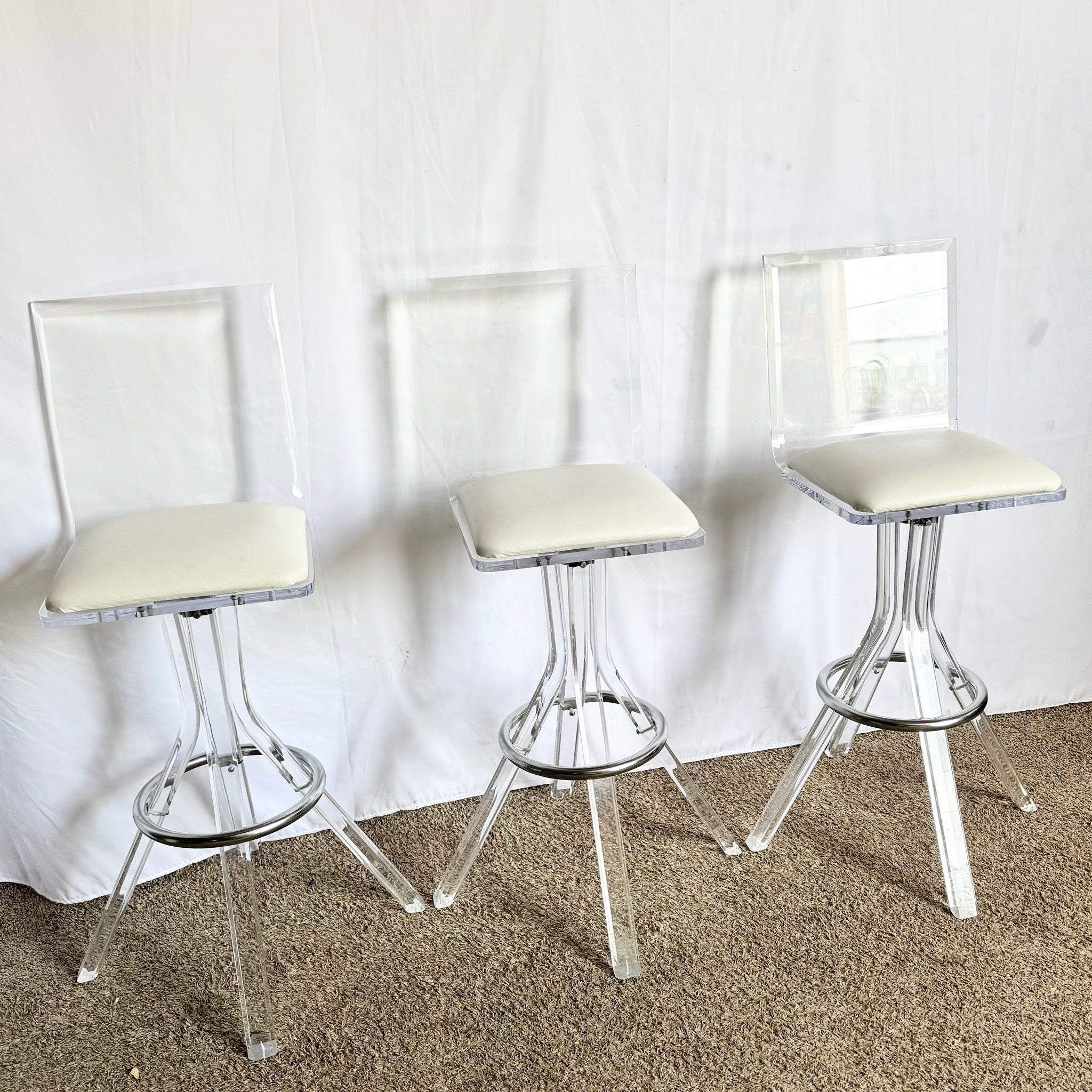 Vintage Postmodern Lucite and Chrome Stools - Set of 3 - Dolphin & Flamingo