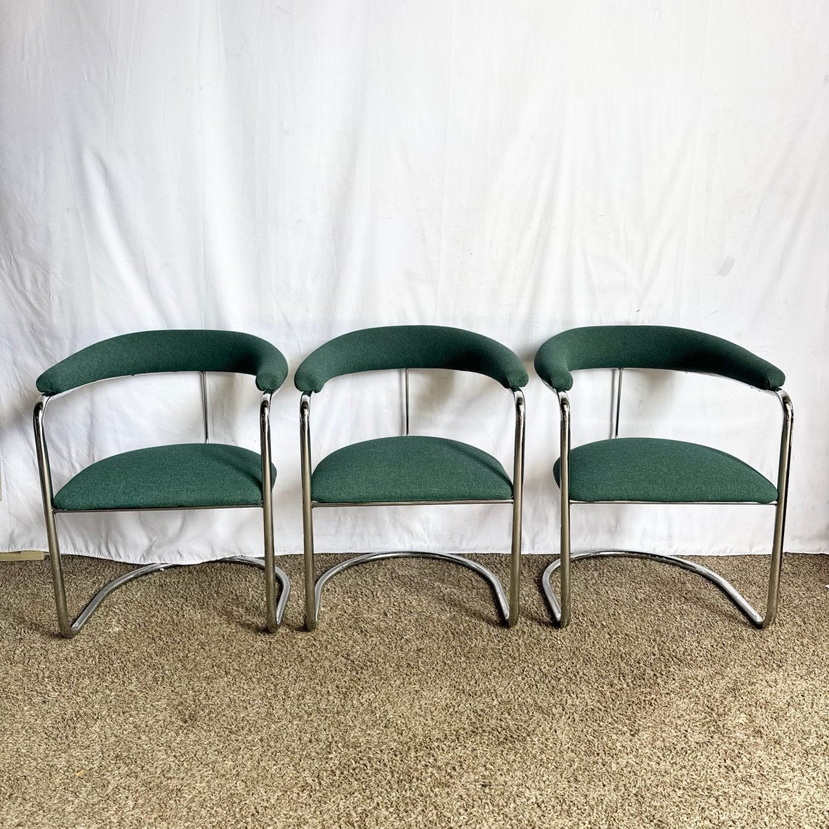 Vintage Postmodern Teal and Chrome Cantilever Barrel Dining Chairs - Set of 3 - Dolphin & Flamingo