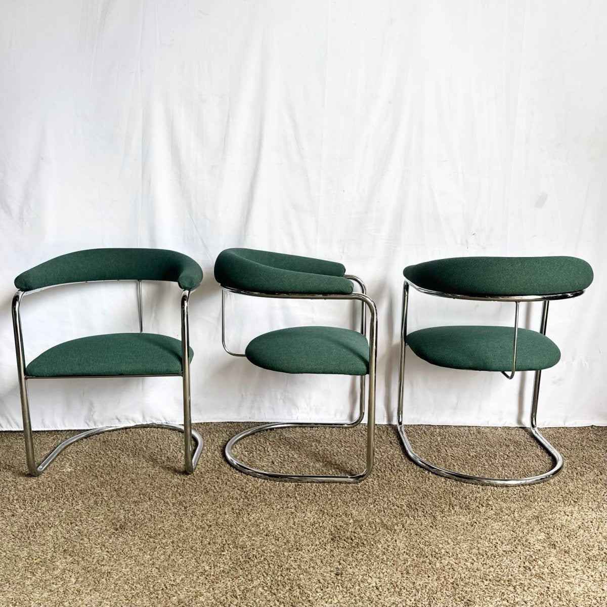 Vintage Postmodern Teal and Chrome Cantilever Barrel Dining Chairs - Set of 3 - Dolphin & Flamingo