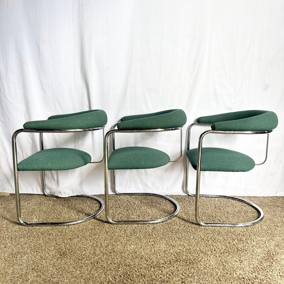 Vintage Postmodern Teal and Chrome Cantilever Barrel Dining Chairs - Set of 3 - Dolphin & Flamingo