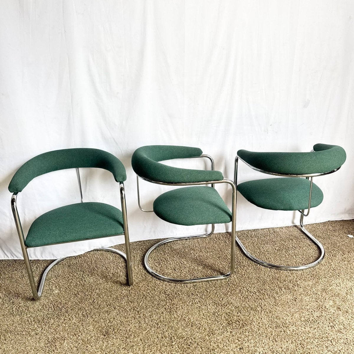 Vintage Postmodern Teal and Chrome Cantilever Barrel Dining Chairs - Set of 3 - Dolphin & Flamingo