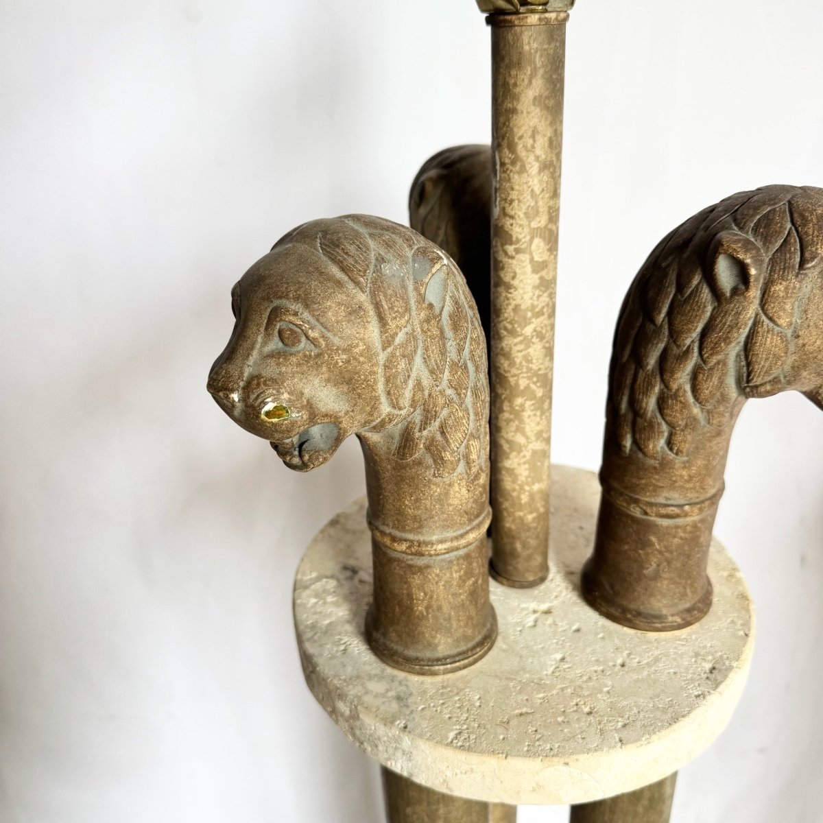 Vintage Postmodern Three Lion Headed Limestone Floor Lamps - A Pair - Dolphin & Flamingo