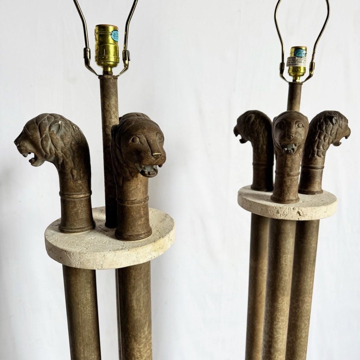 Vintage Postmodern Three Lion Headed Limestone Floor Lamps - A Pair - Dolphin & Flamingo