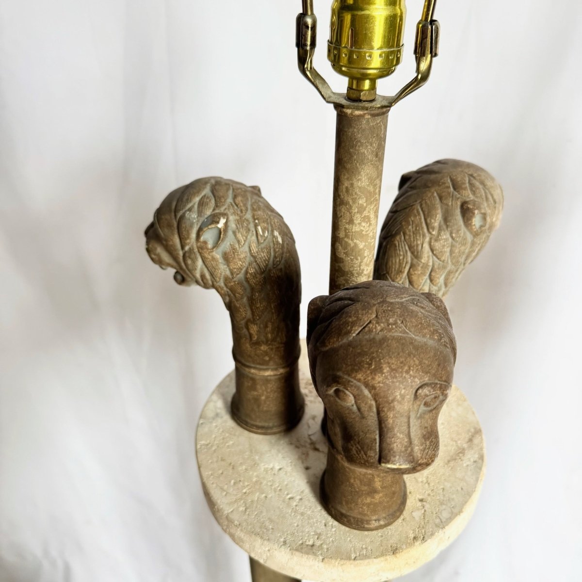 Vintage Postmodern Three Lion Headed Limestone Floor Lamps - A Pair - Dolphin & Flamingo