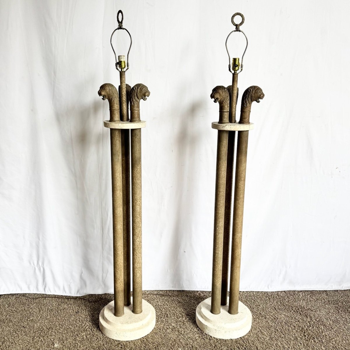 Vintage Postmodern Three Lion Headed Limestone Floor Lamps - A Pair - Dolphin & Flamingo