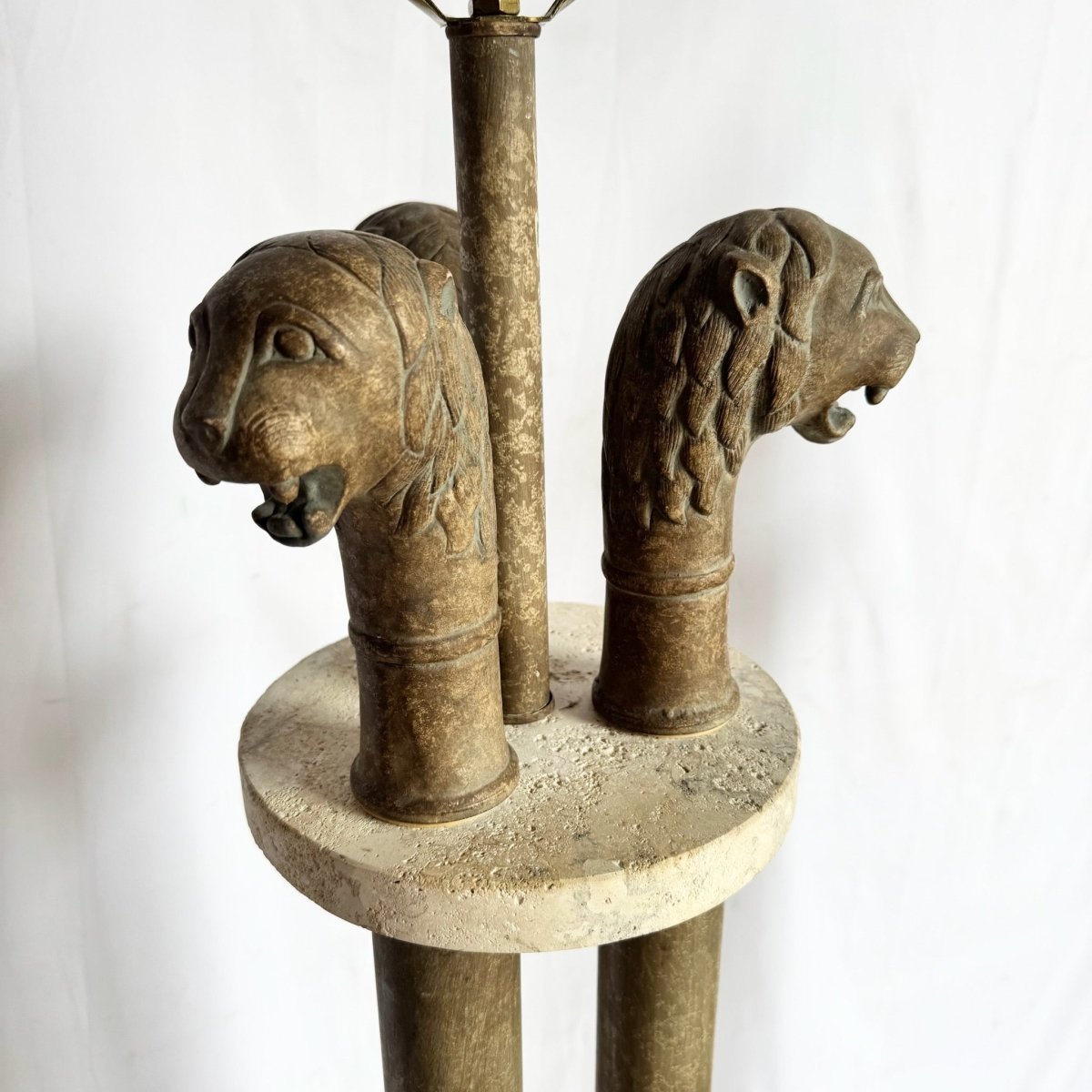 Vintage Postmodern Three Lion Headed Limestone Floor Lamps - A Pair - Dolphin & Flamingo