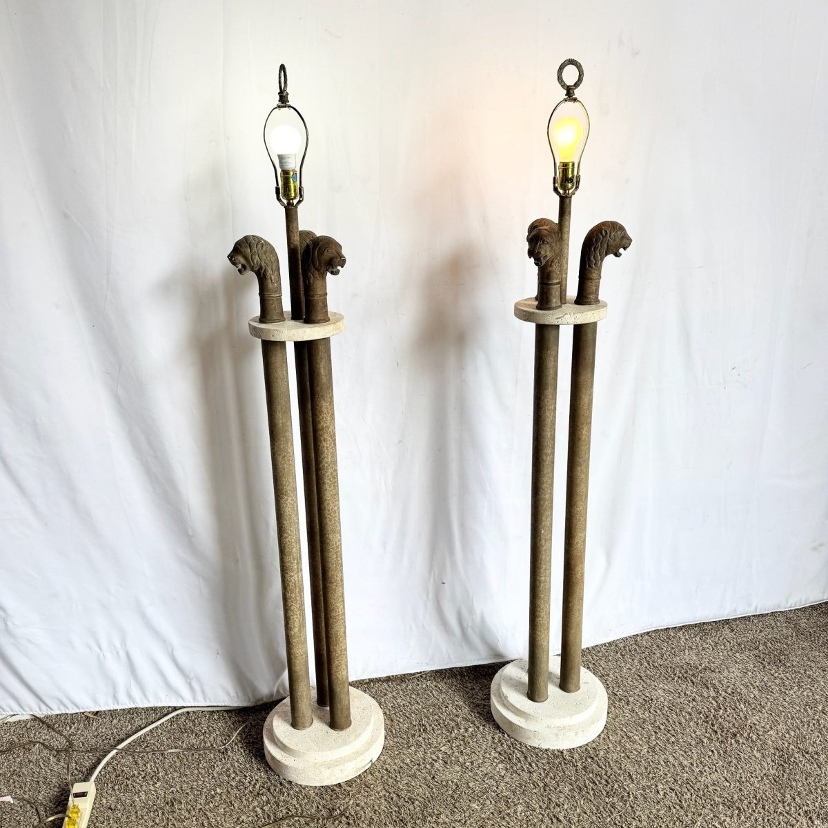 Vintage Postmodern Three Lion Headed Limestone Floor Lamps - A Pair - Dolphin & Flamingo