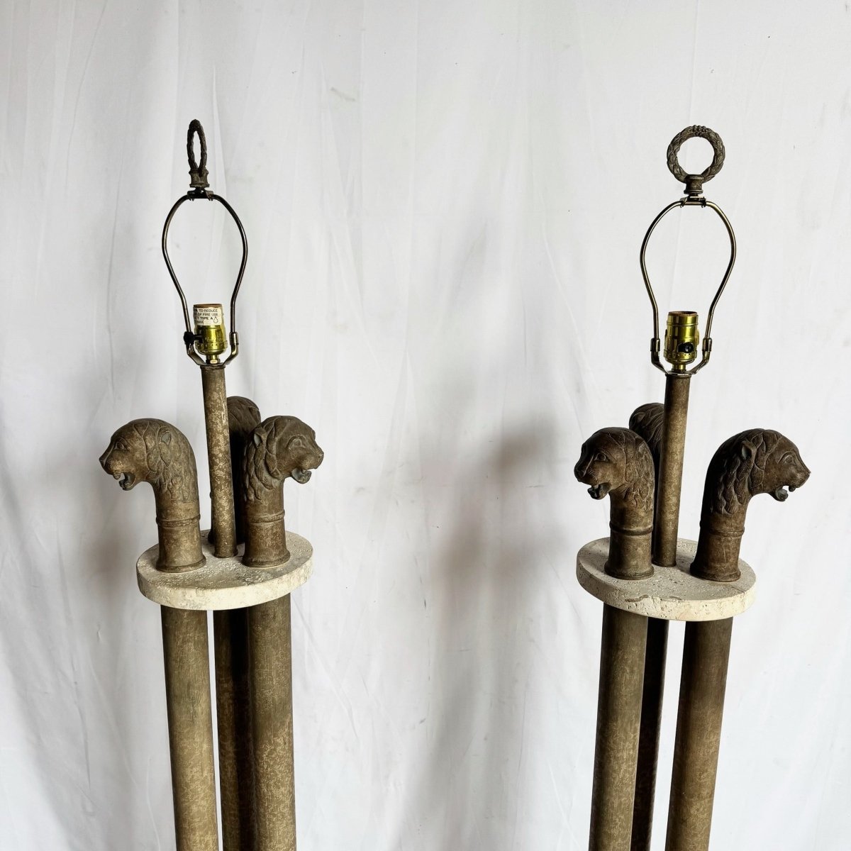 Vintage Postmodern Three Lion Headed Limestone Floor Lamps - A Pair - Dolphin & Flamingo