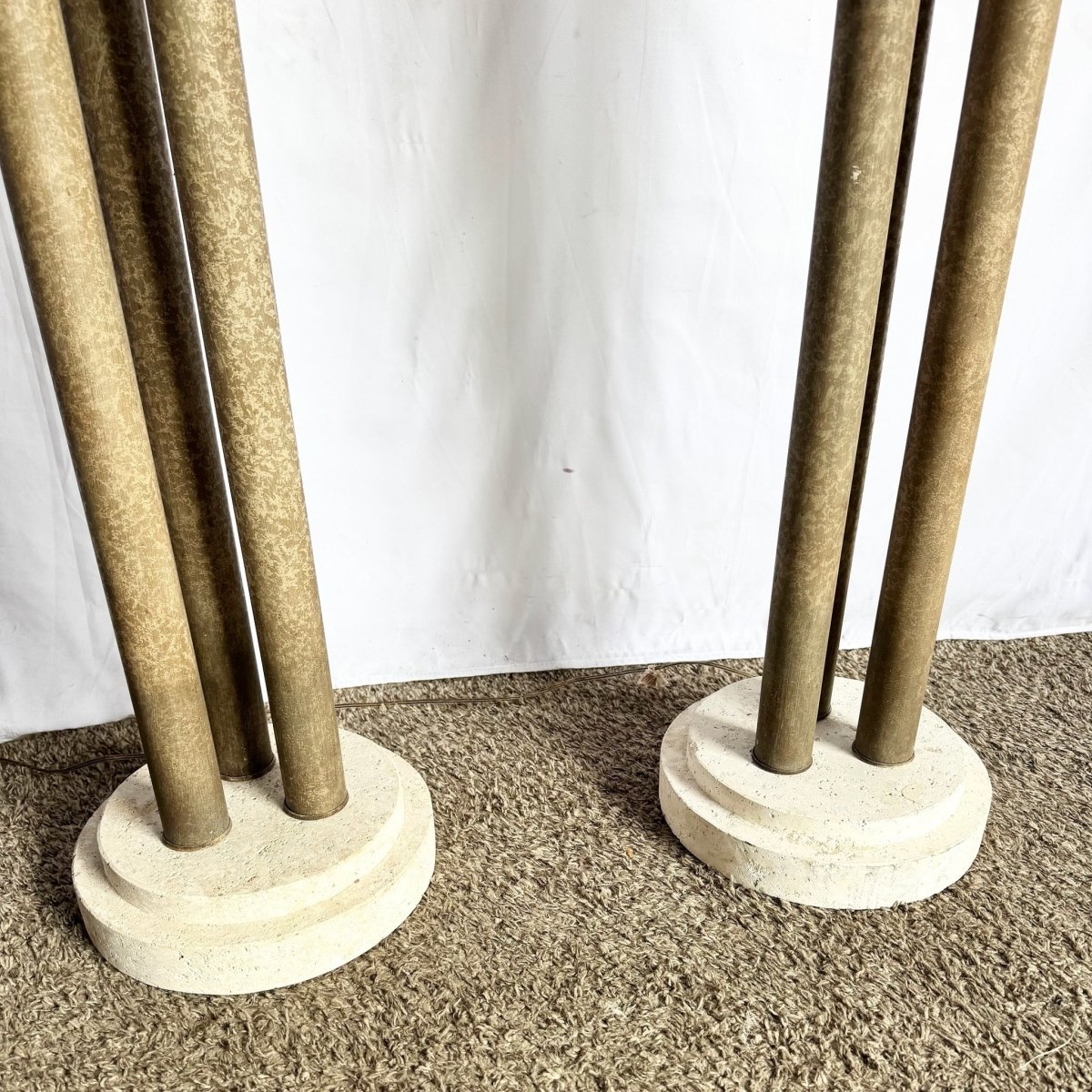 Vintage Postmodern Three Lion Headed Limestone Floor Lamps - A Pair - Dolphin & Flamingo