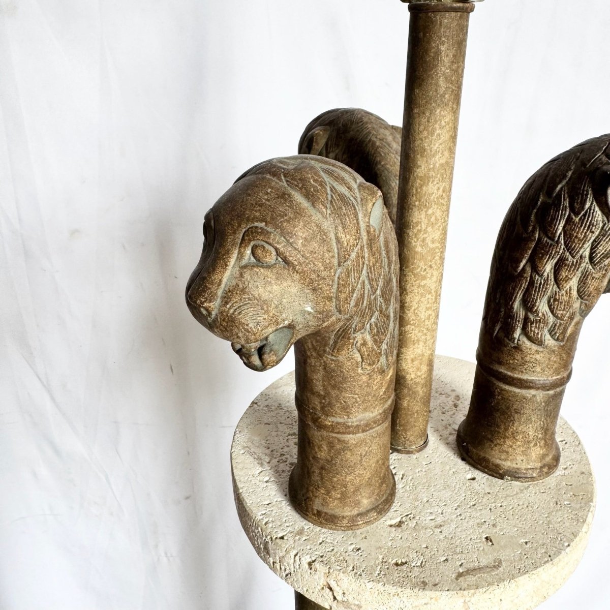 Vintage Postmodern Three Lion Headed Limestone Floor Lamps - A Pair - Dolphin & Flamingo