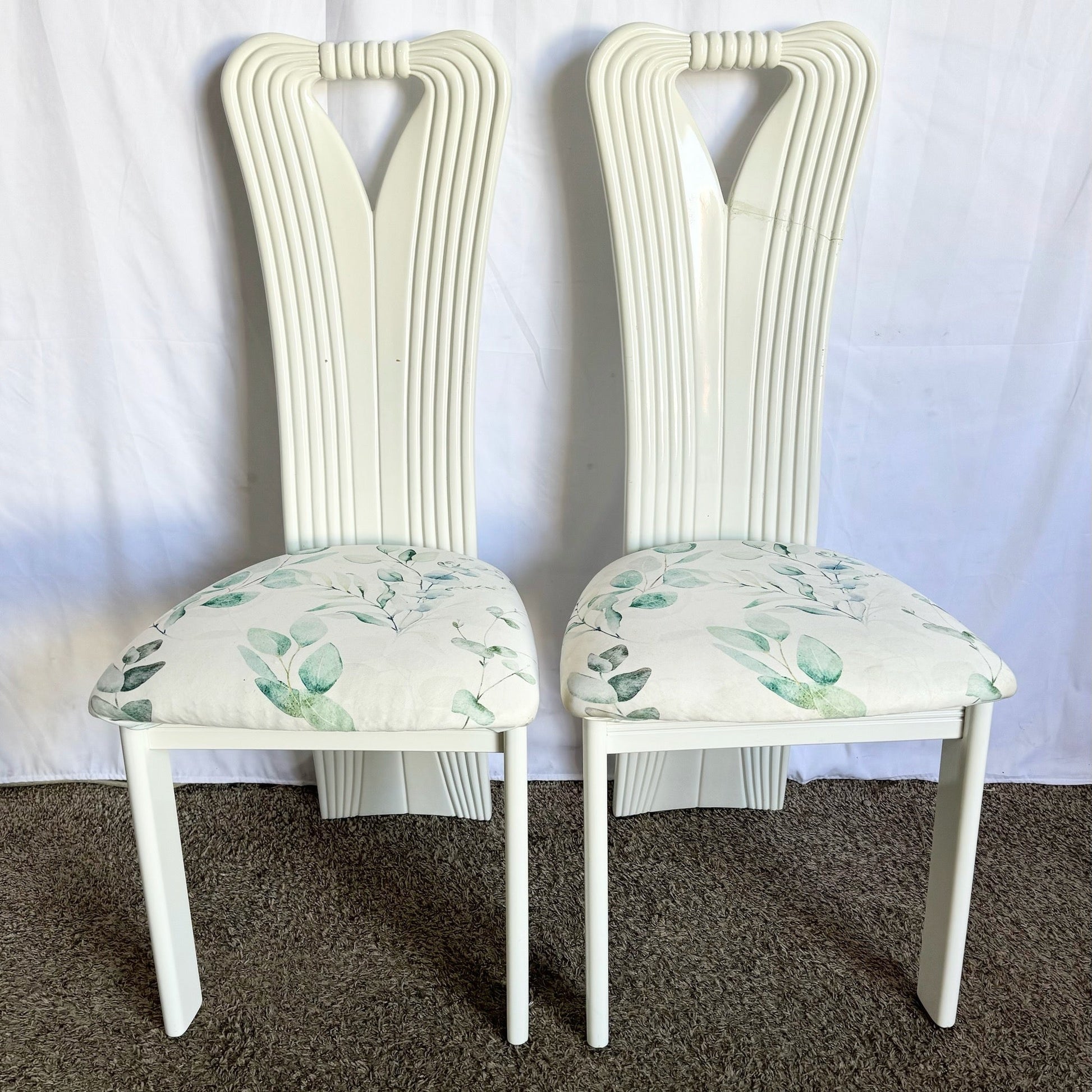 Vintage Postmodern White Lacquered Sculpted Dining Chairs - Set of 4 - Dolphin & Flamingo