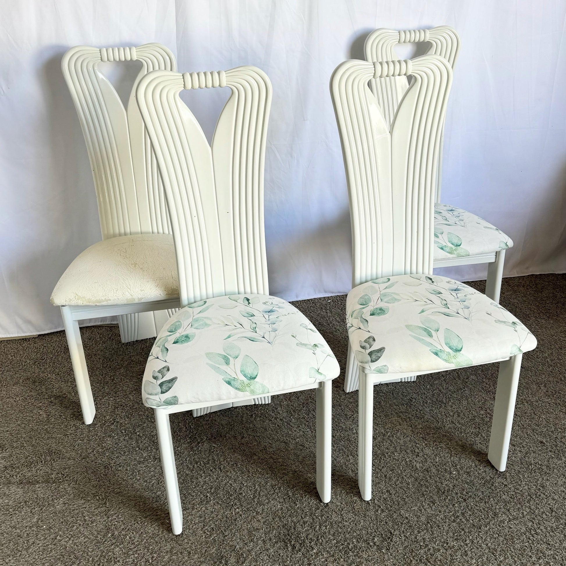 Vintage Postmodern White Lacquered Sculpted Dining Chairs - Set of 4 - Dolphin & Flamingo