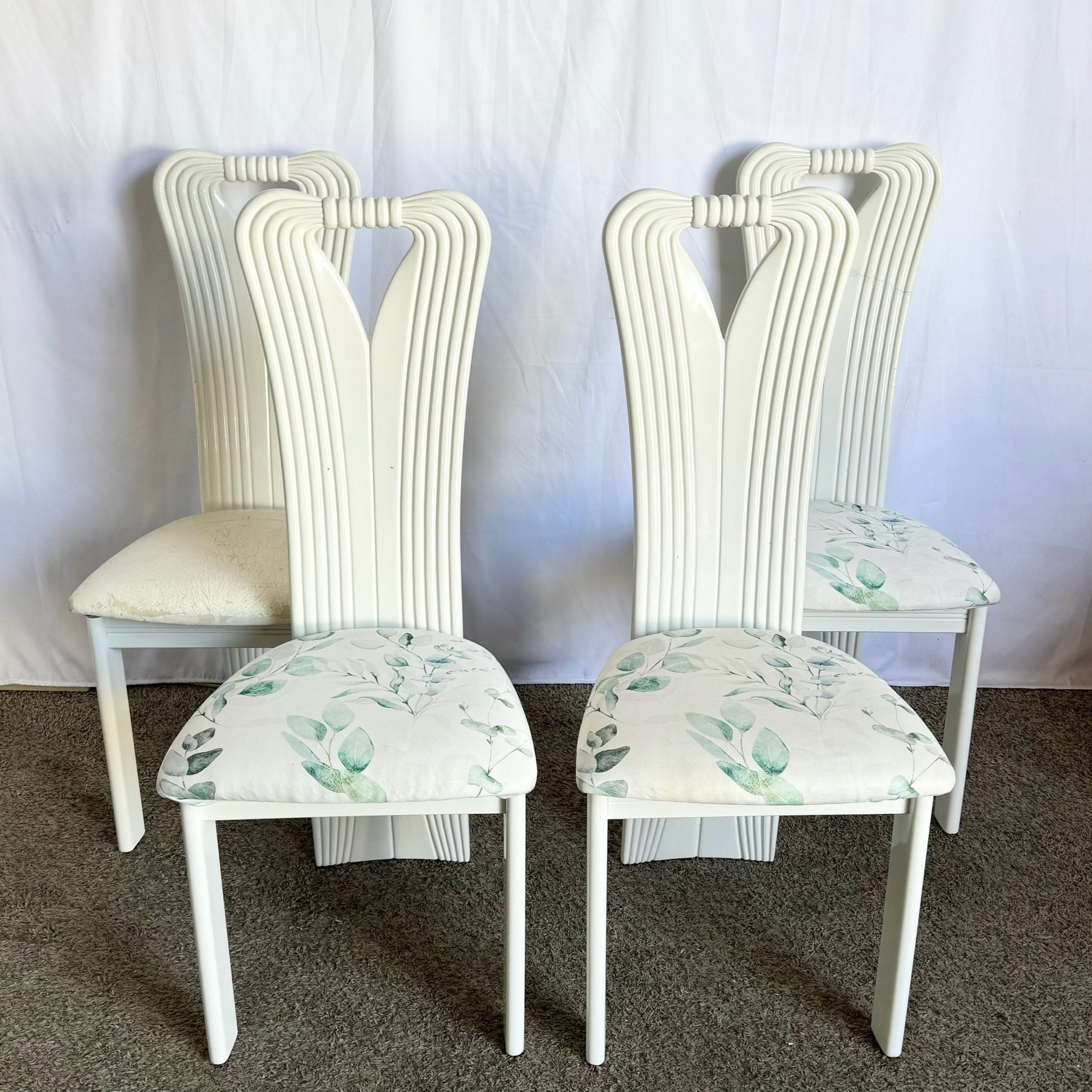 Vintage Postmodern White Lacquered Sculpted Dining Chairs - Set of 4 - Dolphin & Flamingo