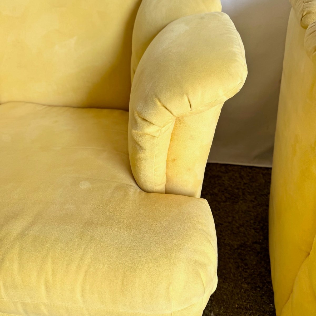 Vintage Postmodern Yellow Fabric Swivel Chairs - Pair - Dolphin & Flamingo